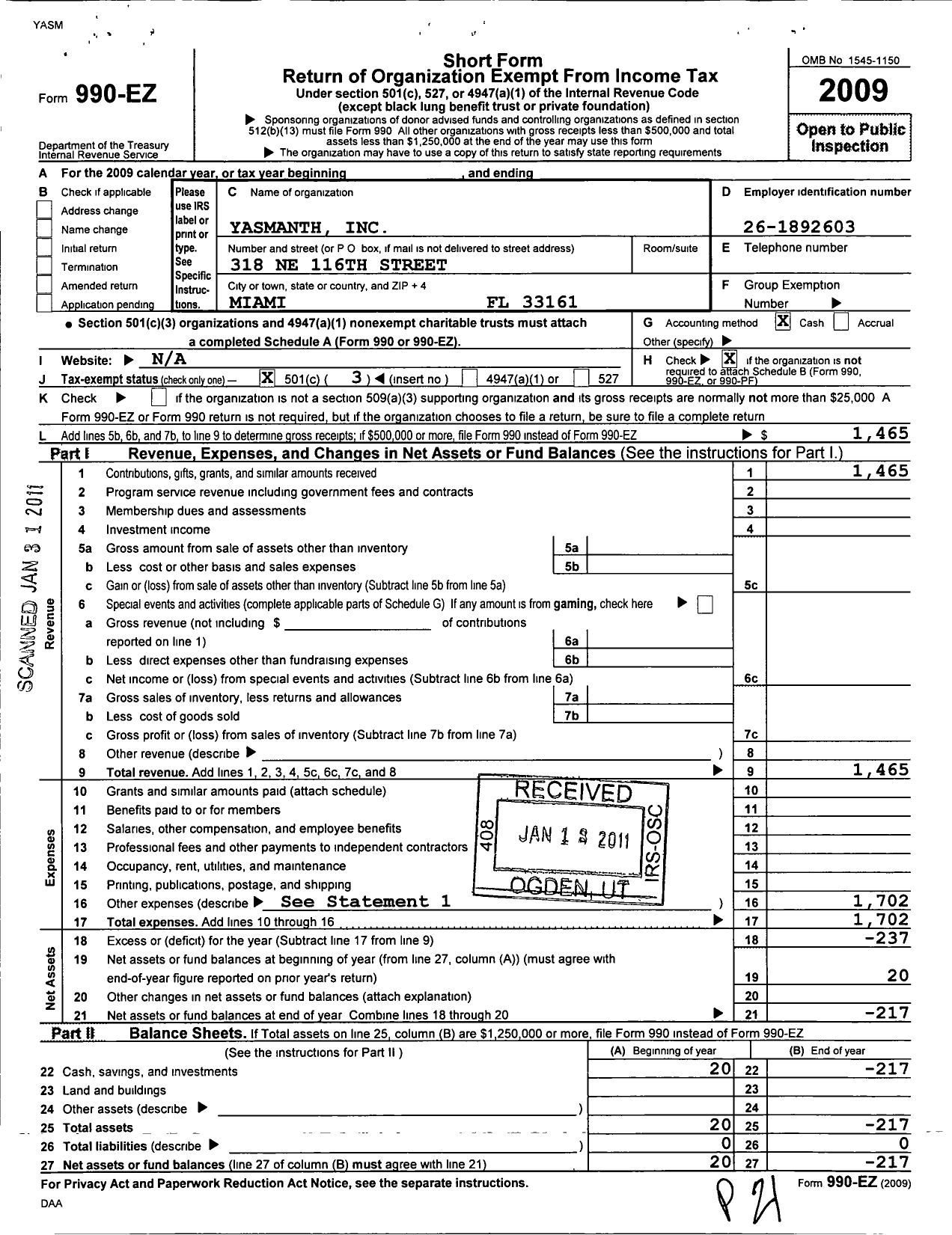 Image of first page of 2009 Form 990EZ for Yasmanth