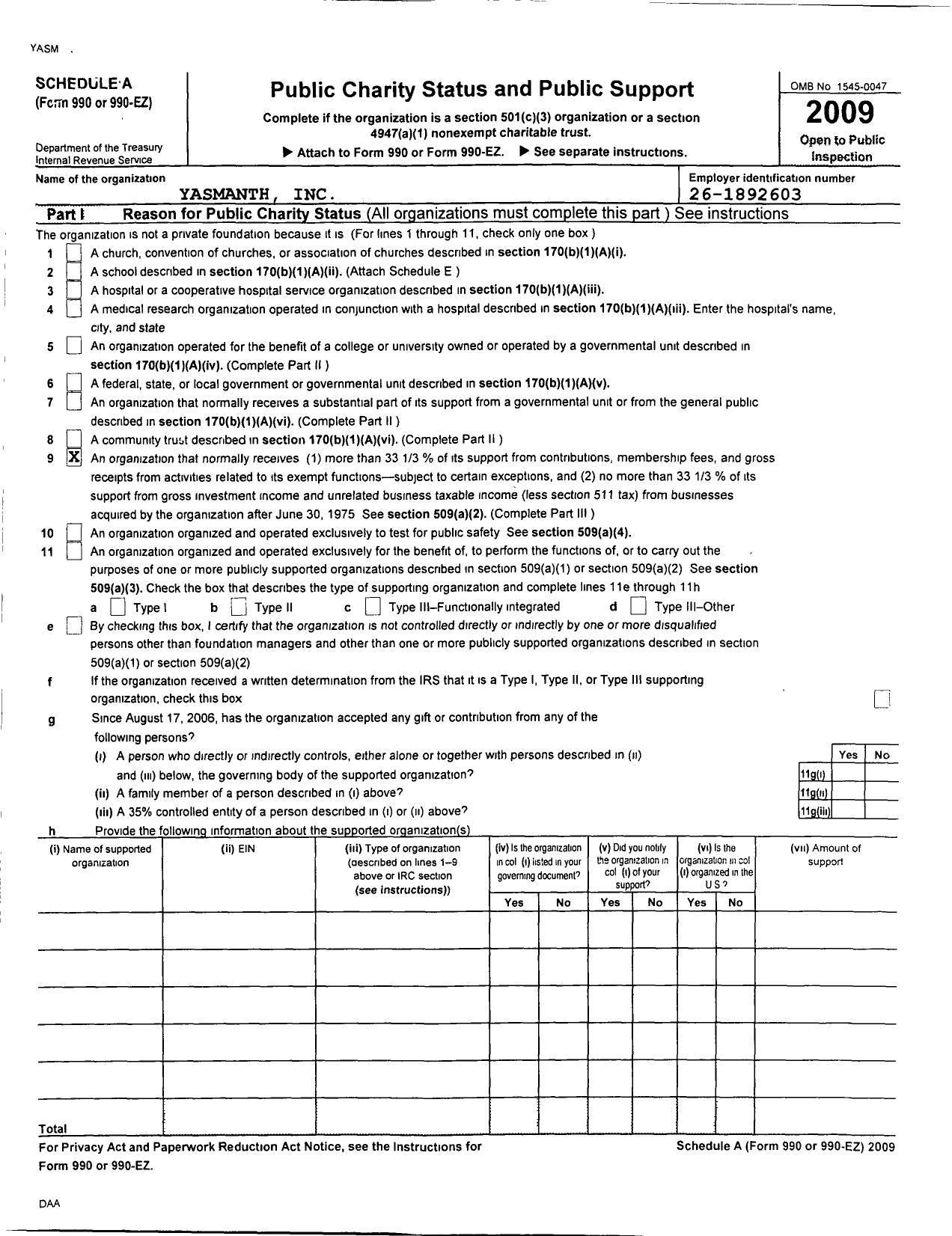 Image of first page of 2009 Form 990ER for Yasmanth