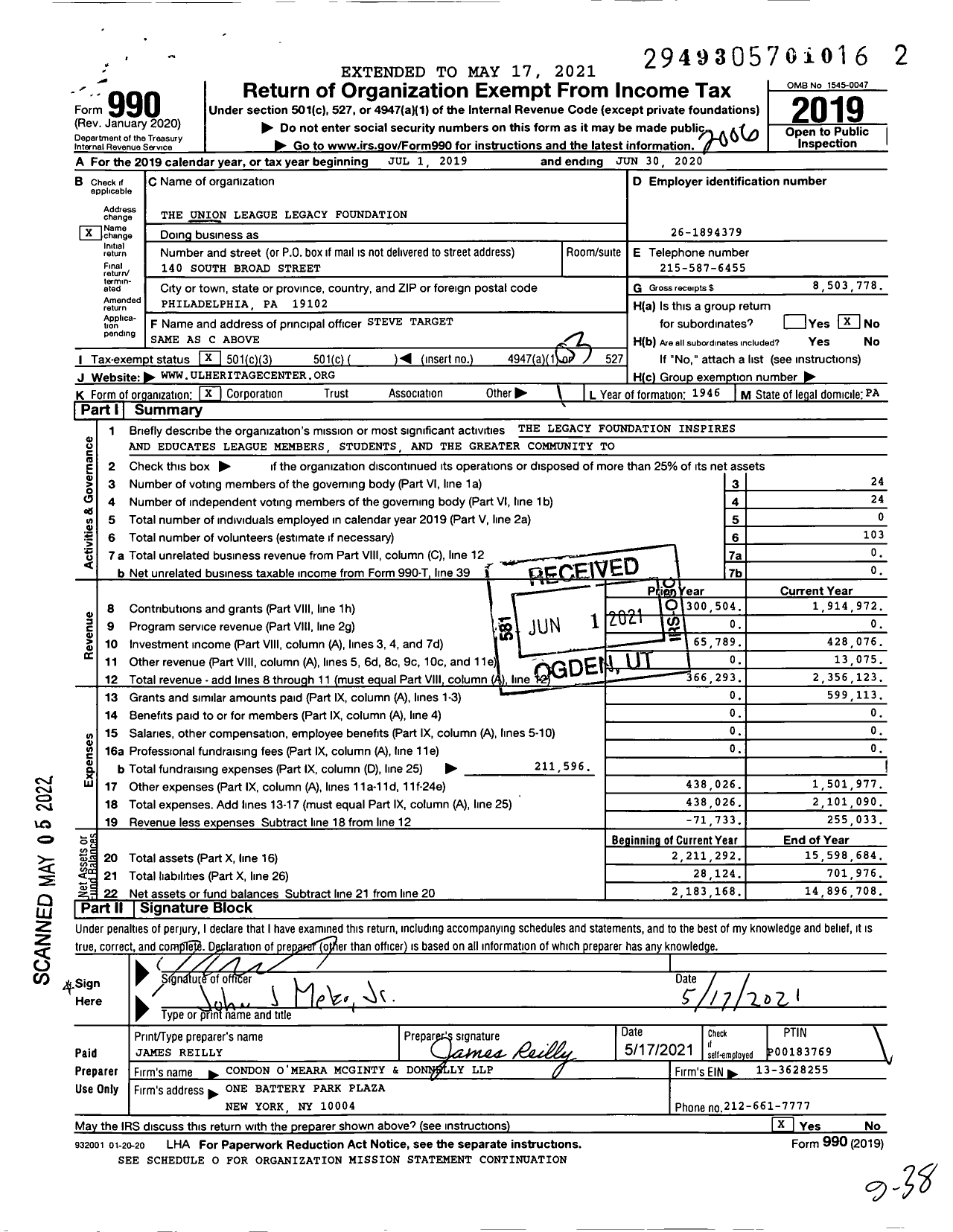 Image of first page of 2019 Form 990 for The Union League Legacy Foundation