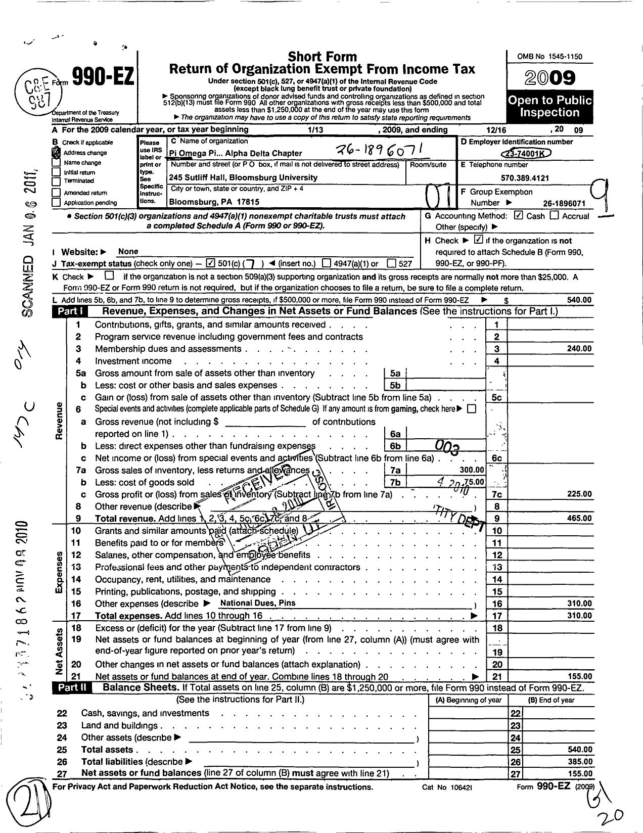 Image of first page of 2009 Form 990EO for Pi Omega Pi National Honor Society - 28 Alpha Delta Chapter