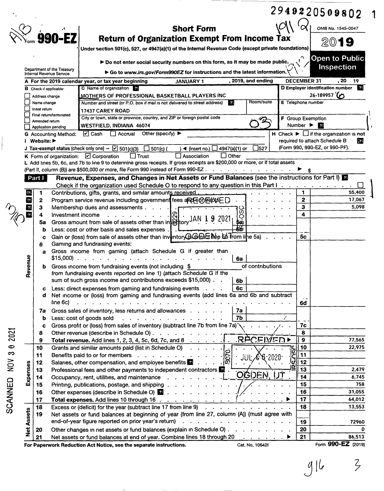 Image of first page of 2019 Form 990EZ for Mothers of Professional Basketball Players