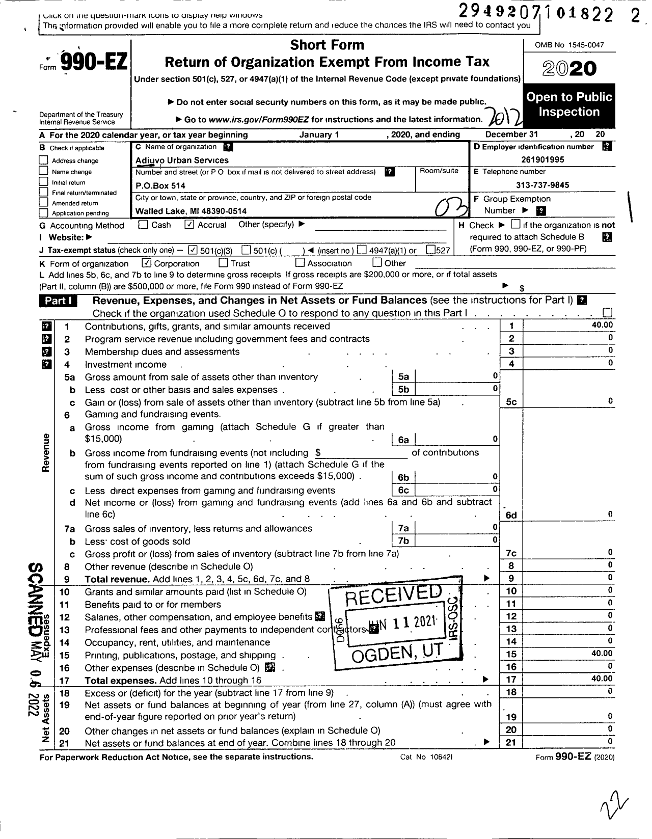 Image of first page of 2020 Form 990EZ for Adiuvo Urban Services