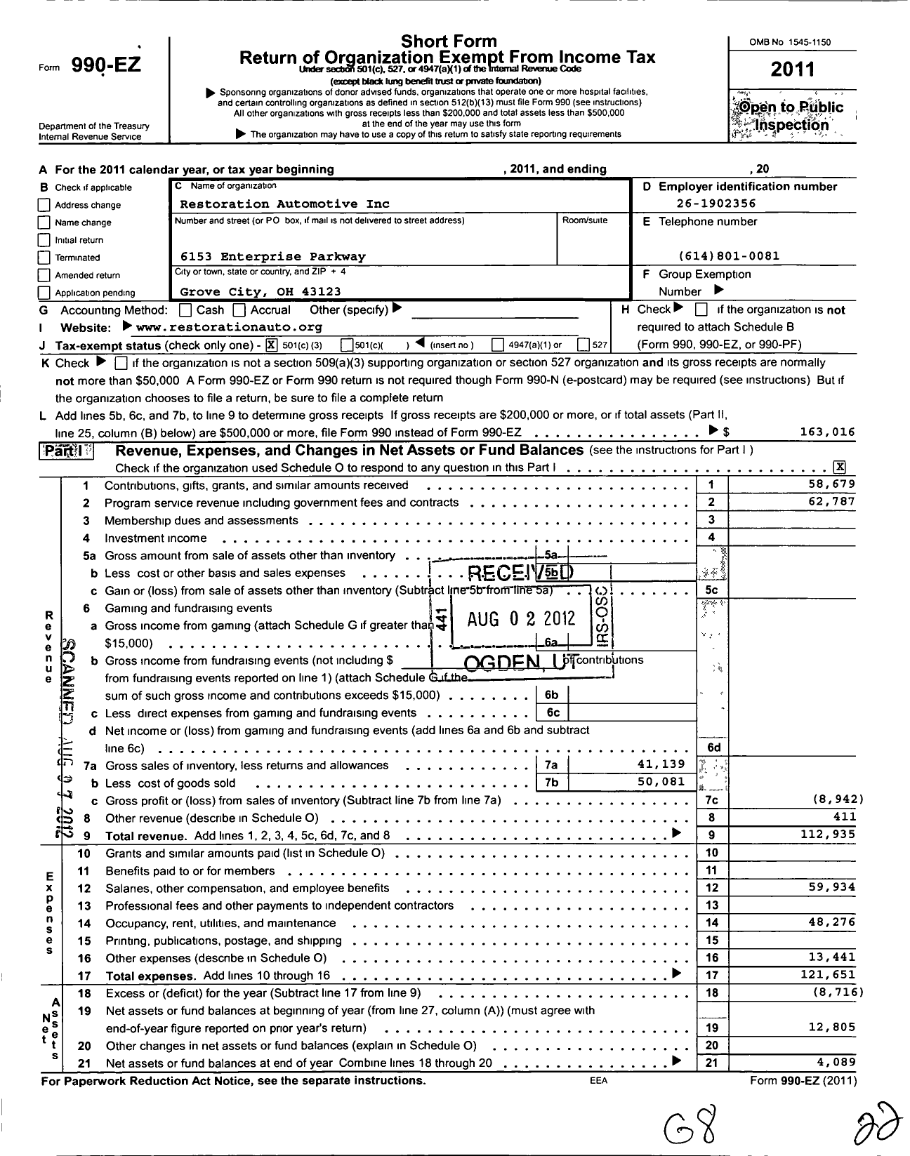 Image of first page of 2011 Form 990EZ for Restoration Automotive