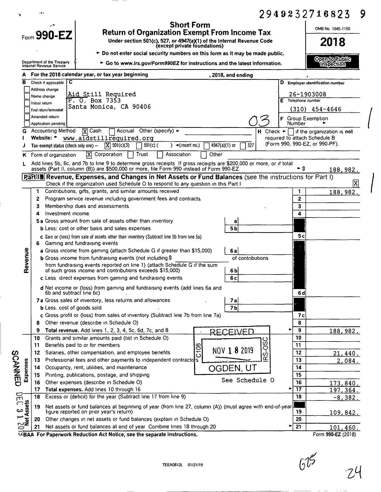 Image of first page of 2018 Form 990EZ for Aid Still Required