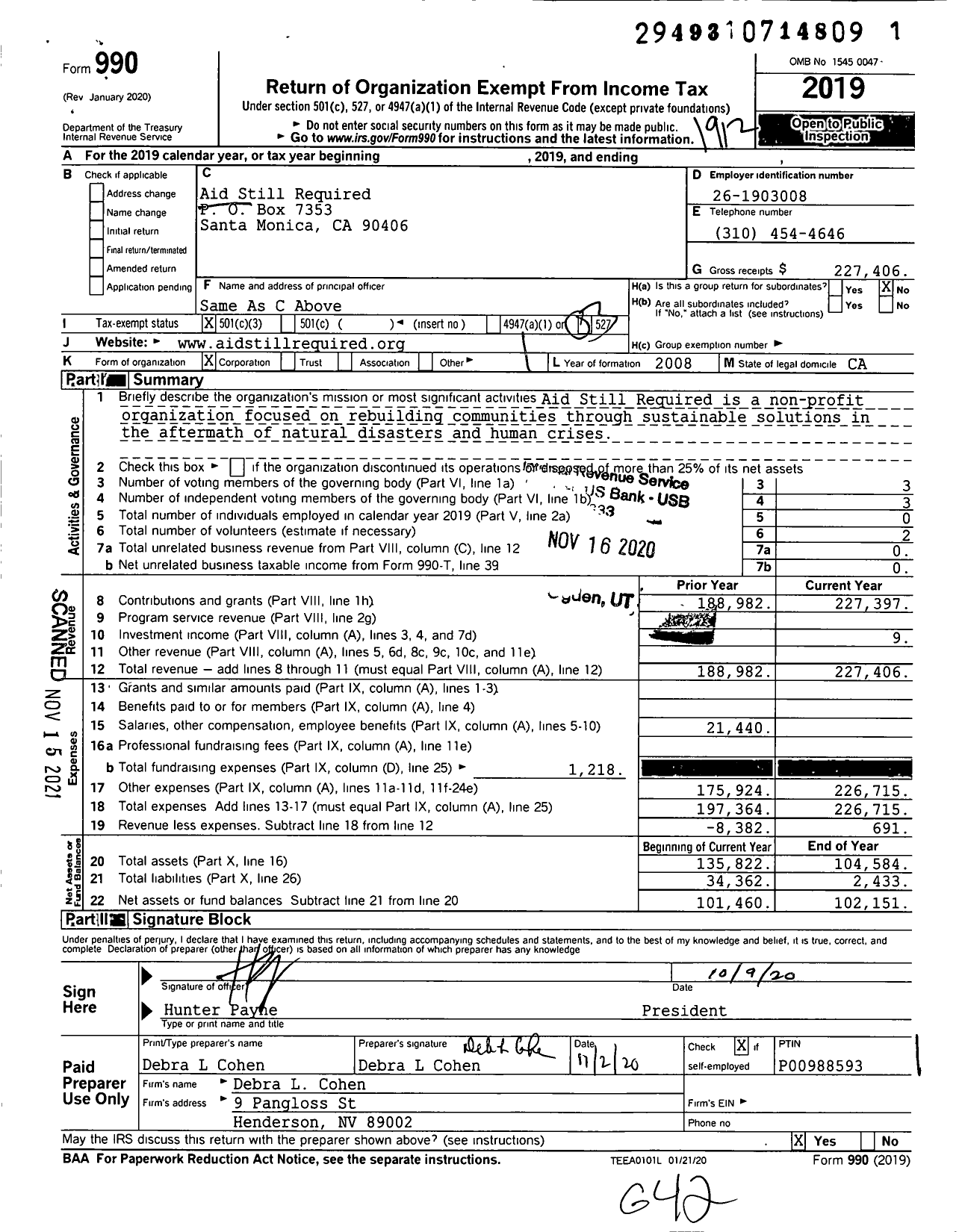 Image of first page of 2019 Form 990 for Aid Still Required