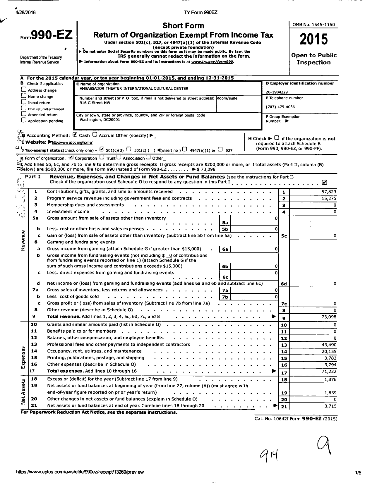 Image of first page of 2015 Form 990EZ for Ambassador Theater International Cultural Center