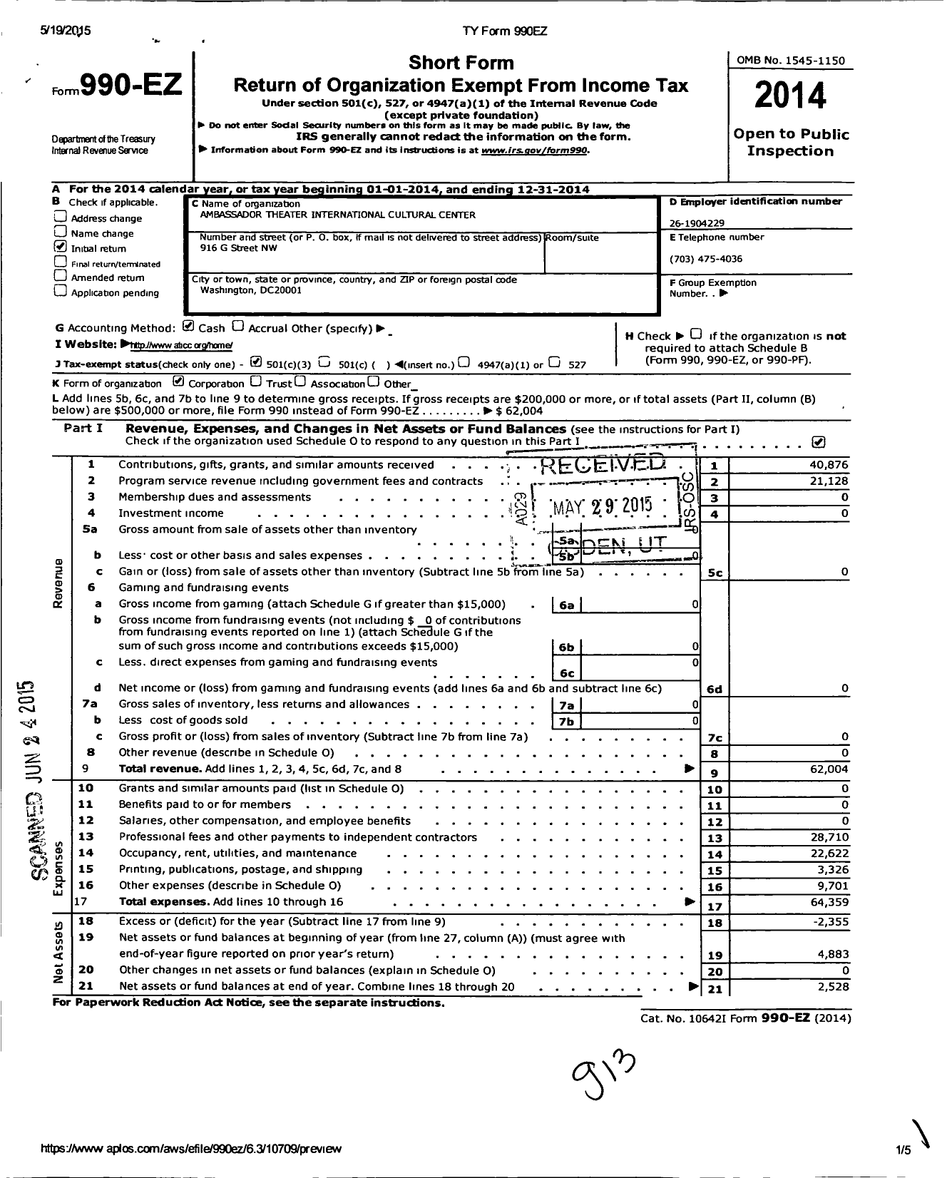 Image of first page of 2014 Form 990EZ for Ambassador Theater International Cultural Center