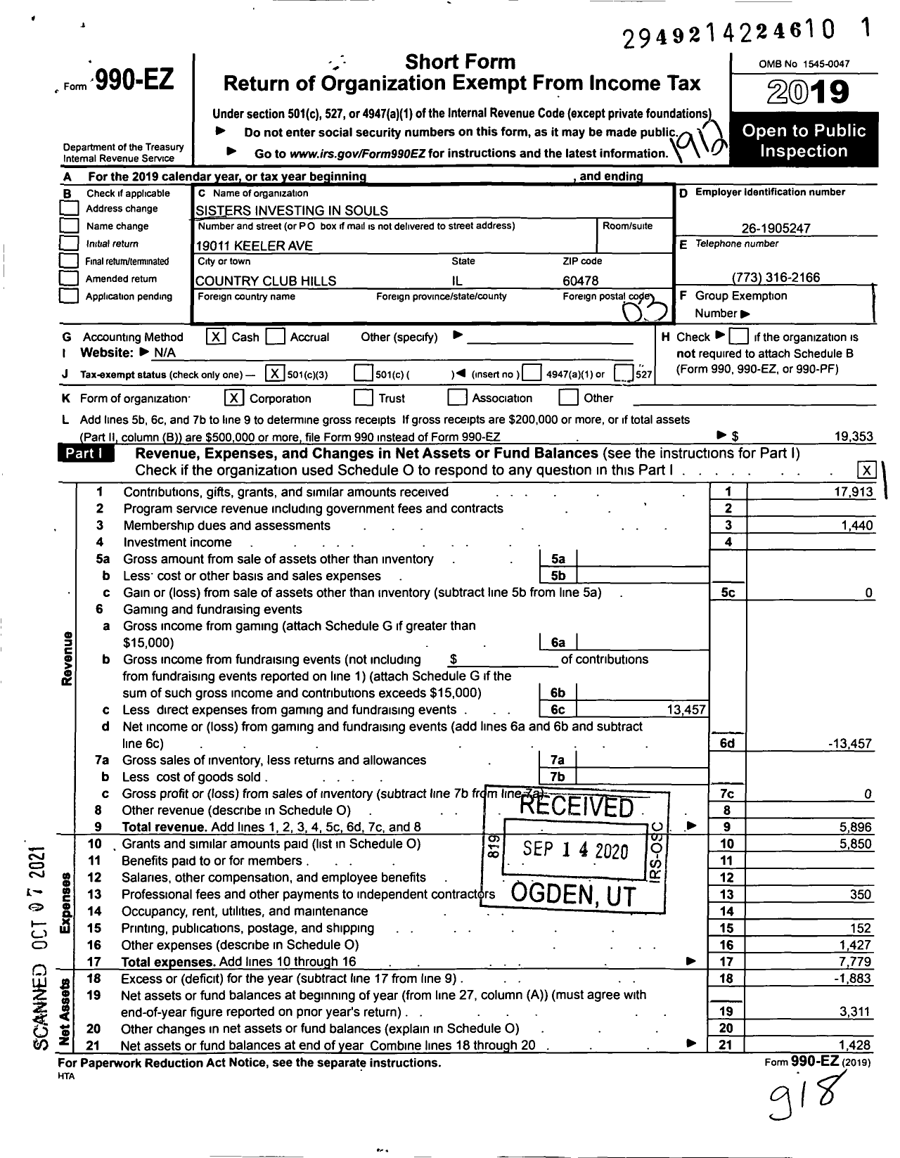 Image of first page of 2019 Form 990EZ for Sisters Investing in Souls