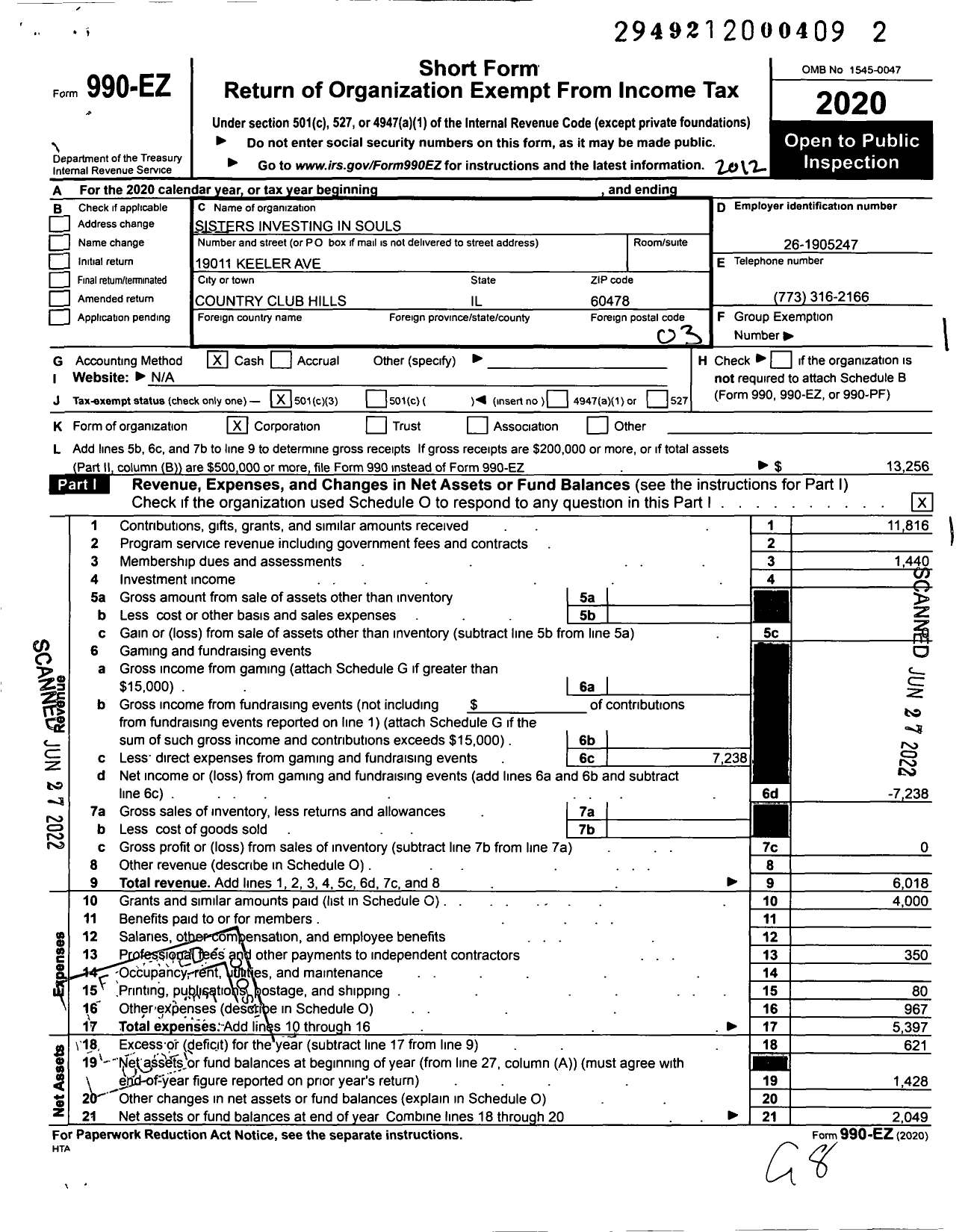 Image of first page of 2020 Form 990EZ for Sisters Investing in Souls