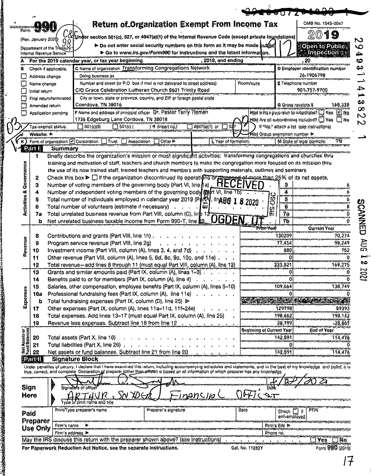 Image of first page of 2019 Form 990 for Transforming Congregations Network