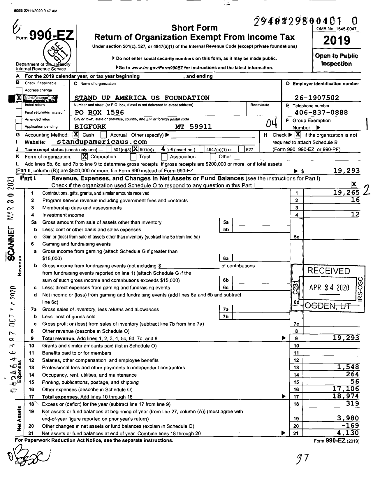 Image of first page of 2019 Form 990EO for Stand Up America Us Foundation