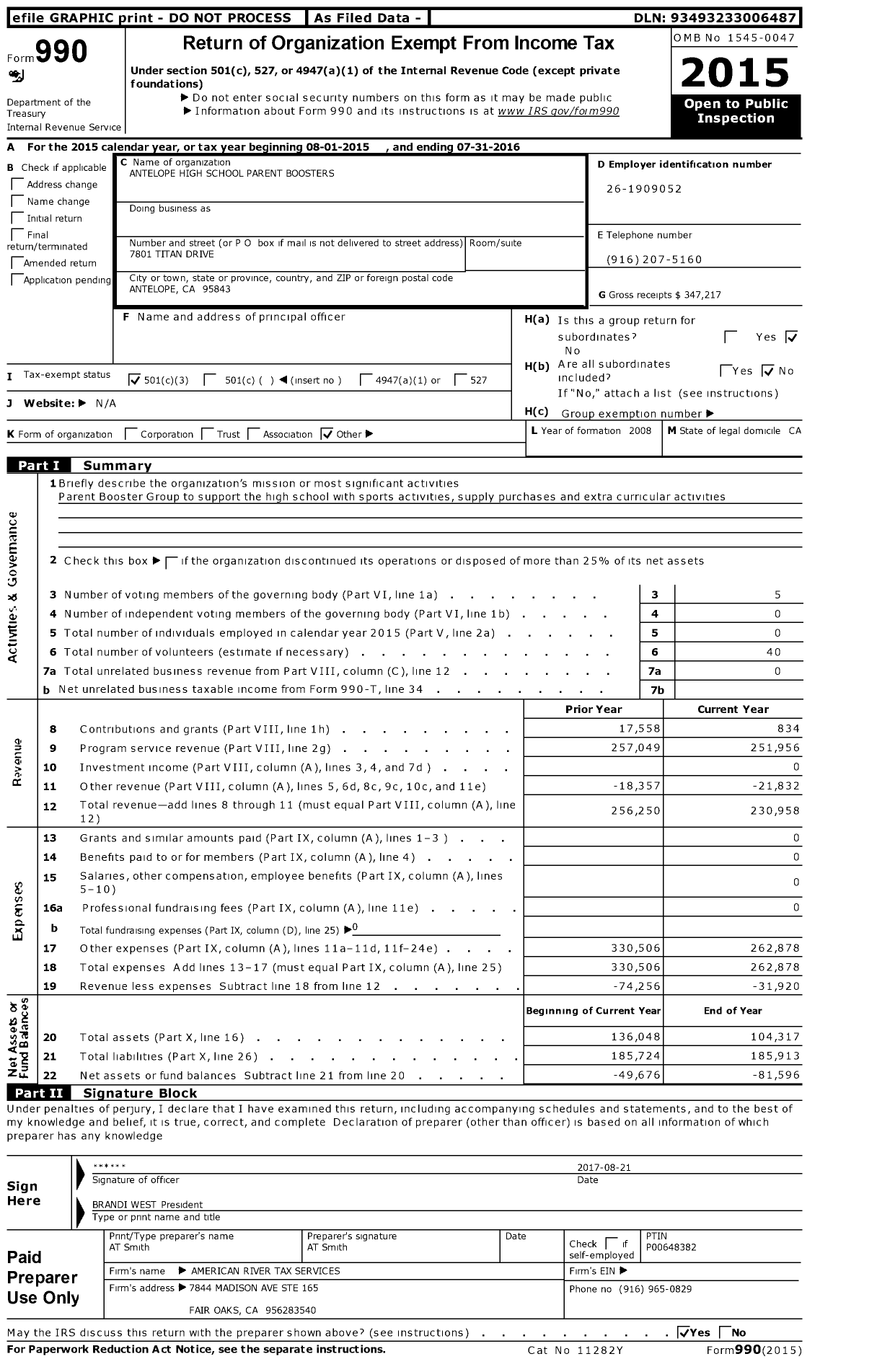Image of first page of 2015 Form 990 for Antelope High School Parent Boosters