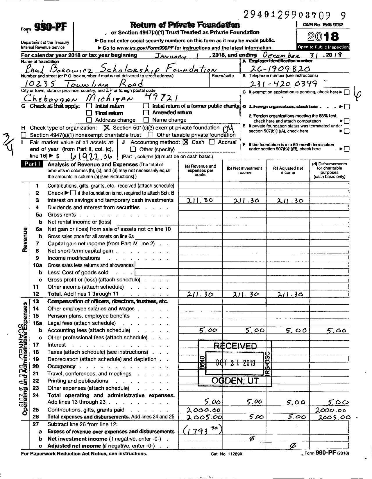 Image of first page of 2018 Form 990PF for Paul Borowicz Scholarship Foundation