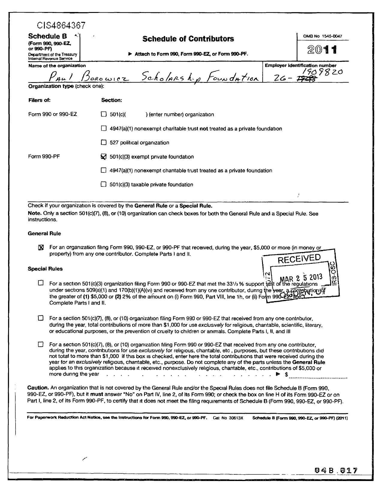 Image of first page of 2011 Form 990PR for Paul Borowicz Scholarship Foundation