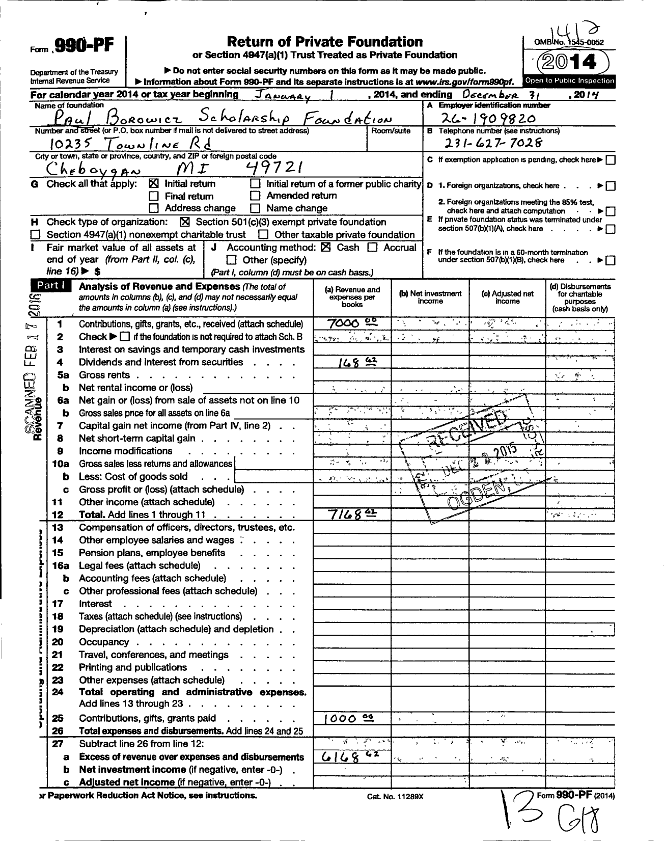 Image of first page of 2014 Form 990PF for Paul Borowicz Scholarship Foundation