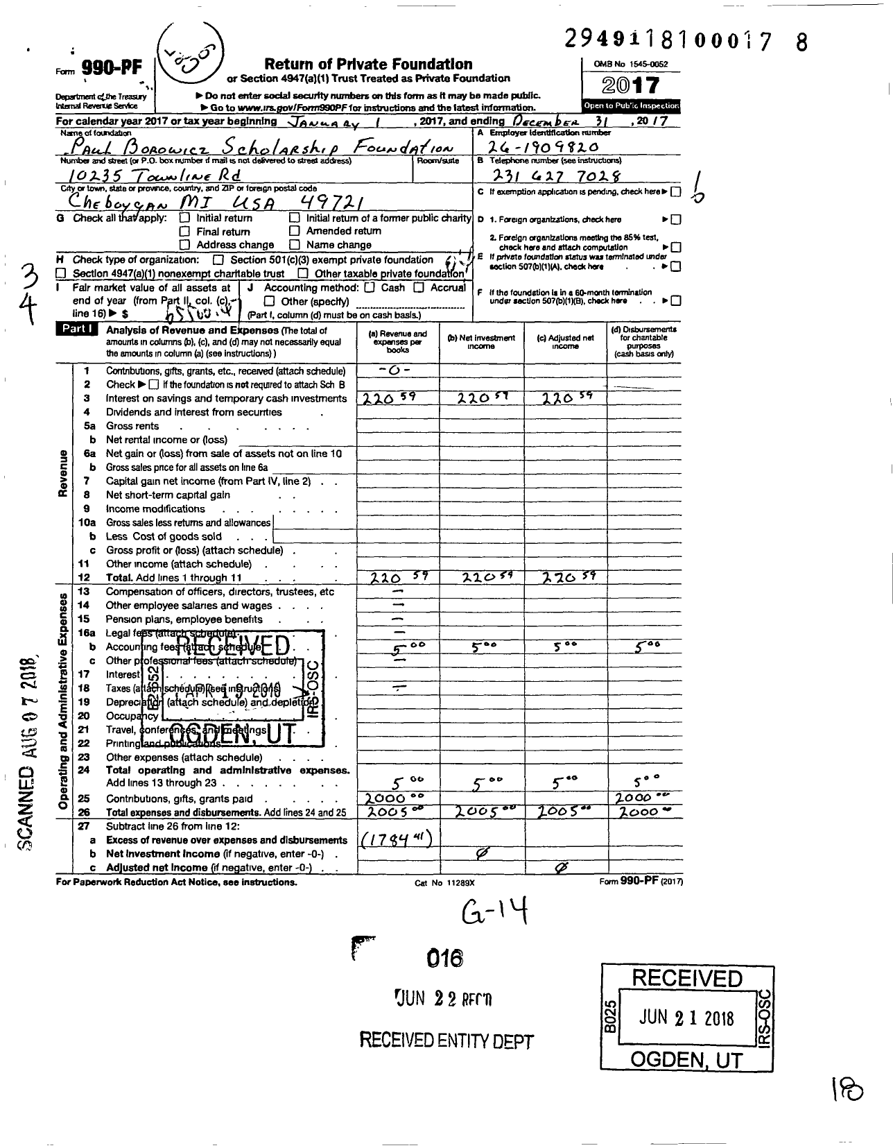 Image of first page of 2017 Form 990PF for Paul Borowicz Scholarship Foundation