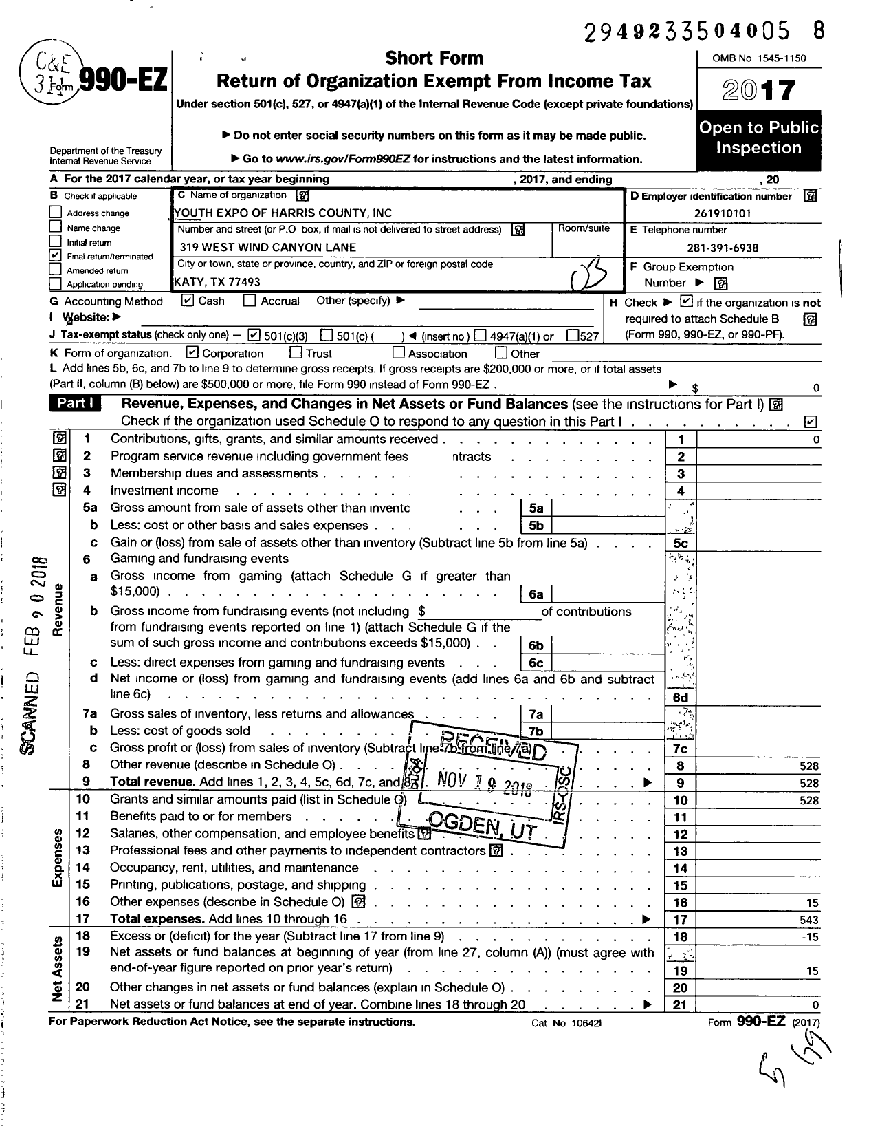 Image of first page of 2017 Form 990EZ for Youth Expo of Harris County