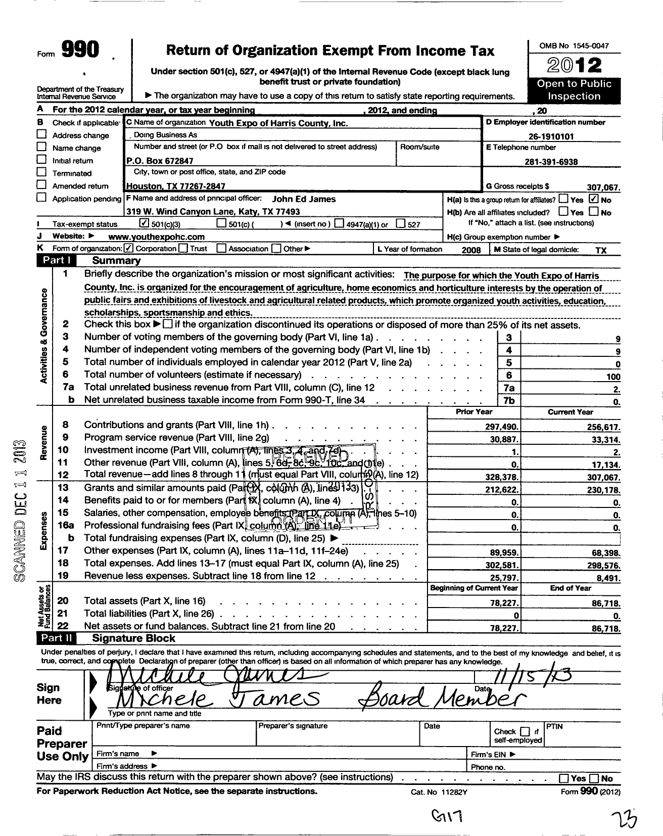 Image of first page of 2012 Form 990 for Youth Expo of Harris County