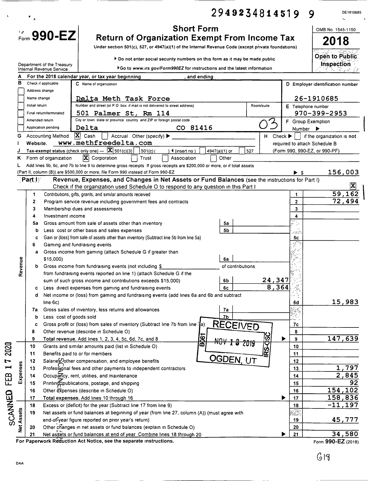 Image of first page of 2018 Form 990EZ for Delta Meth Task Force