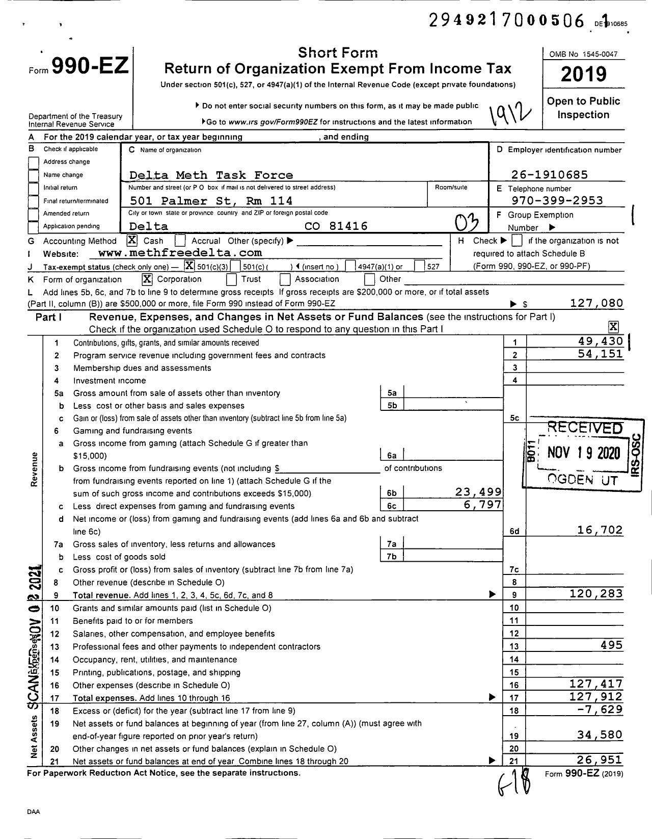 Image of first page of 2019 Form 990EZ for Delta Meth Task Force