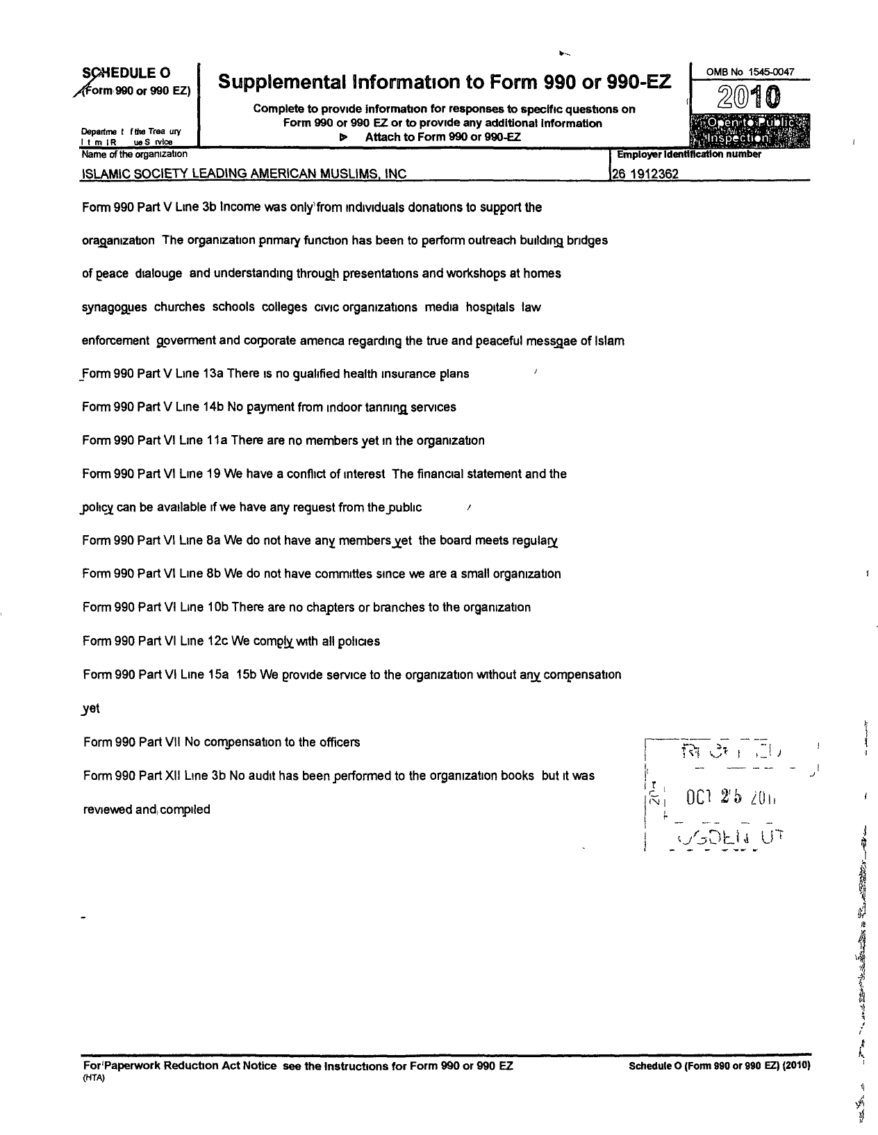 Image of first page of 2010 Form 990R for Islamic Society Leading American Muslims