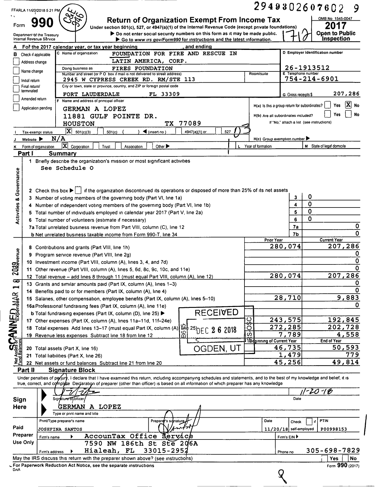 Image of first page of 2017 Form 990 for Foundation for Fire and Rescue in Latin America Corporation