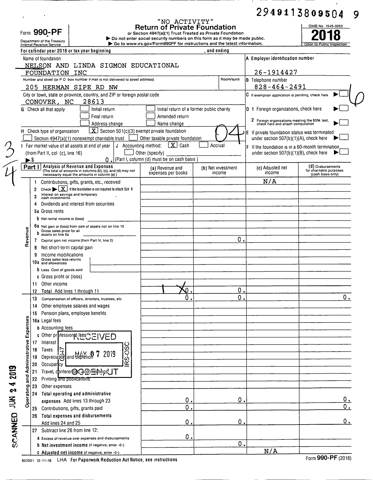 Image of first page of 2018 Form 990PF for Nelson and Linda Sigmon Educational Foundation