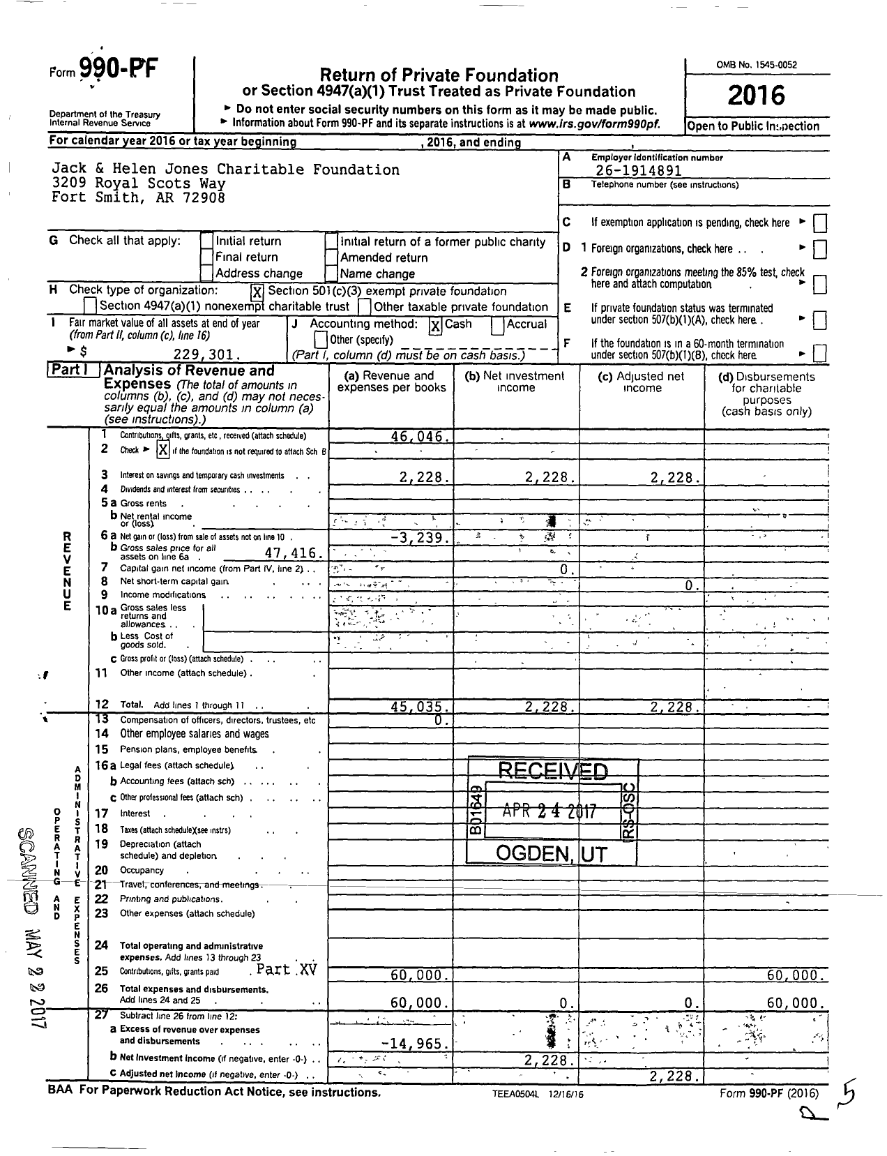 Image of first page of 2016 Form 990PF for Jack & Helen Jones Charitable Foundation