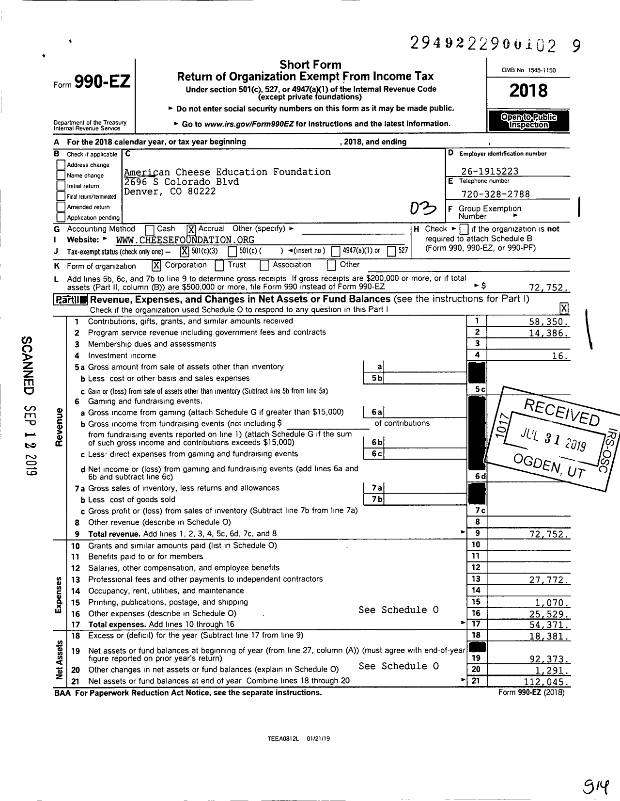 Image of first page of 2018 Form 990EZ for American Cheese Education Foundation