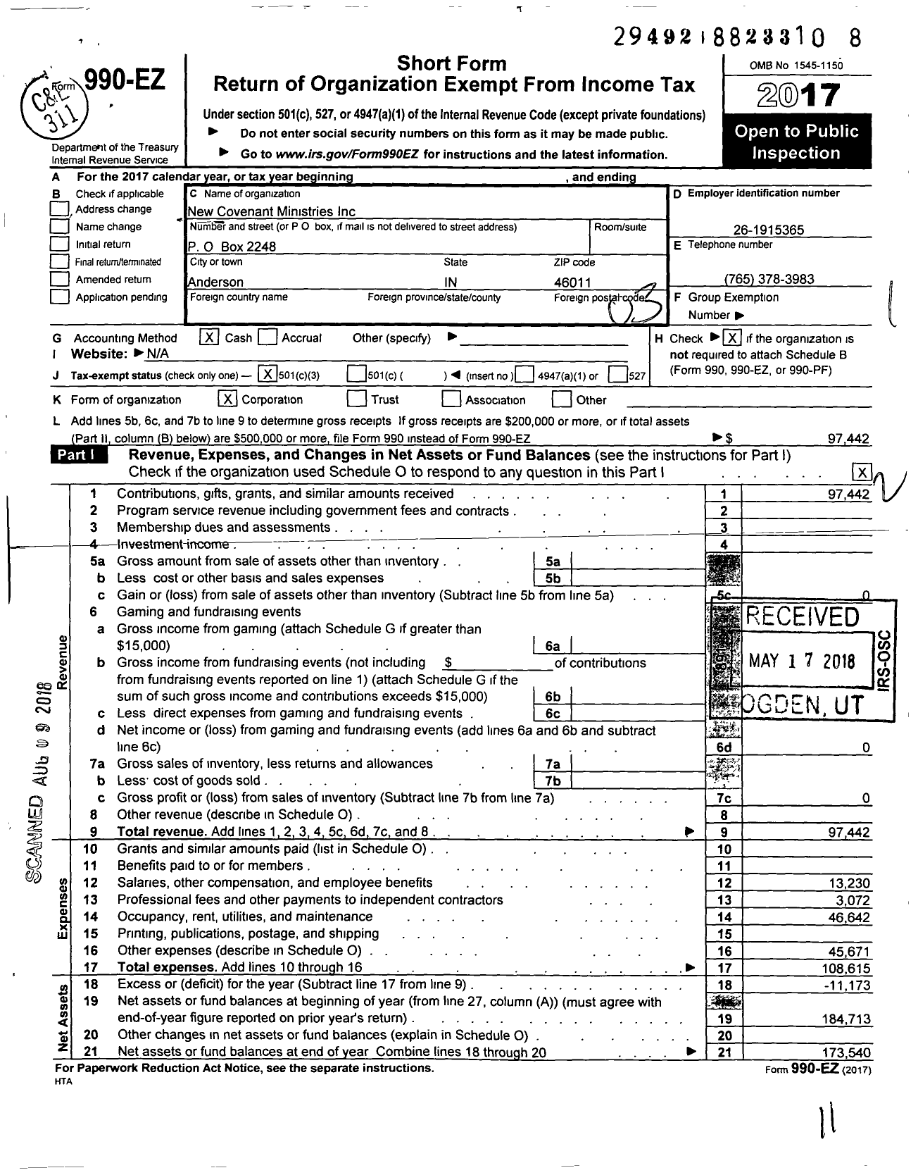 Image of first page of 2017 Form 990EZ for New Covenant Ministries