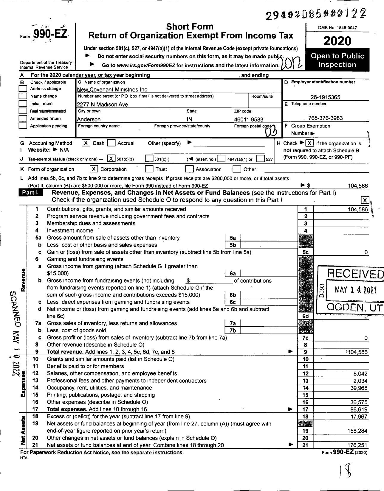 Image of first page of 2020 Form 990EZ for New Covenant Ministries