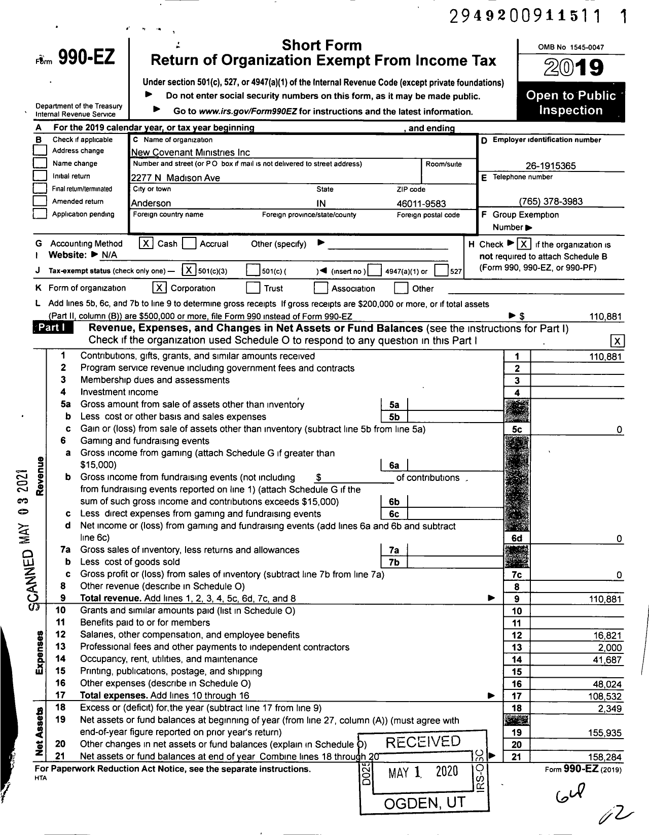 Image of first page of 2019 Form 990EZ for New Covenant Ministries