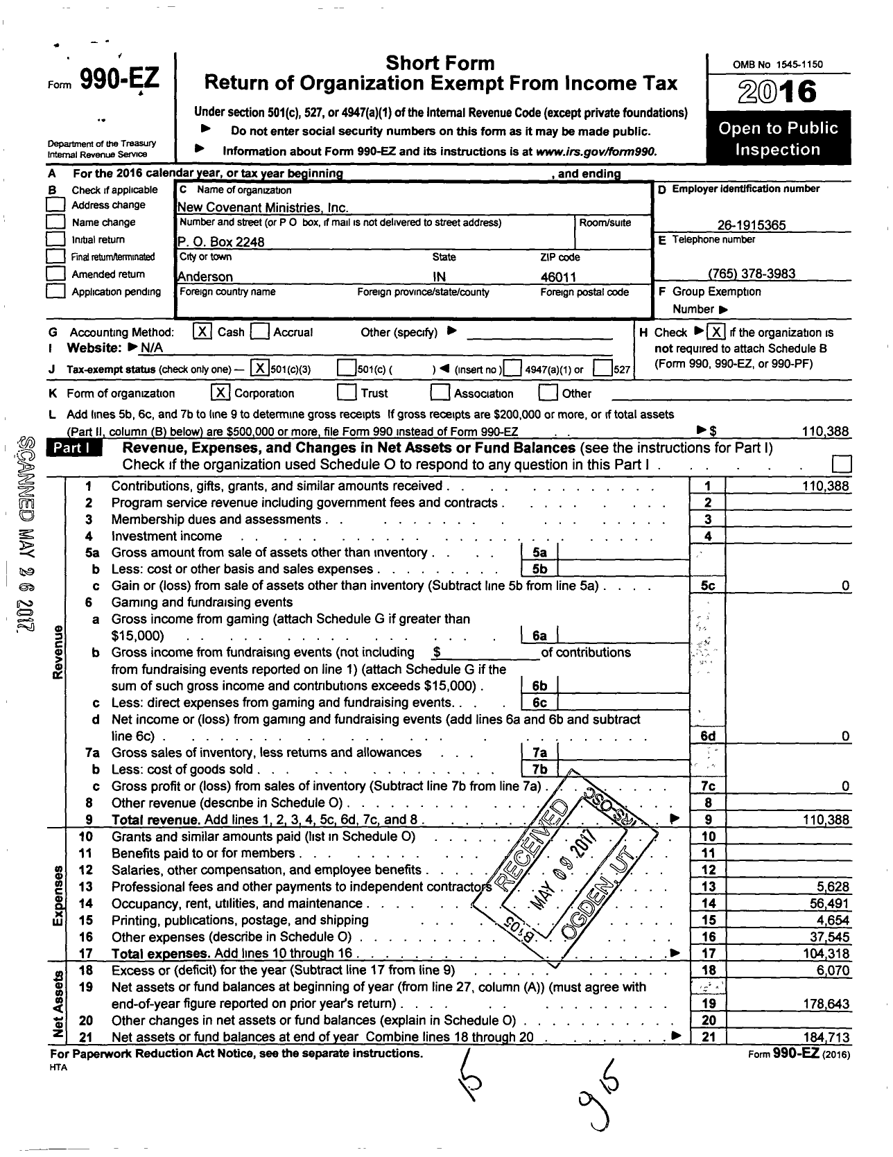 Image of first page of 2016 Form 990EZ for New Covenant Ministries