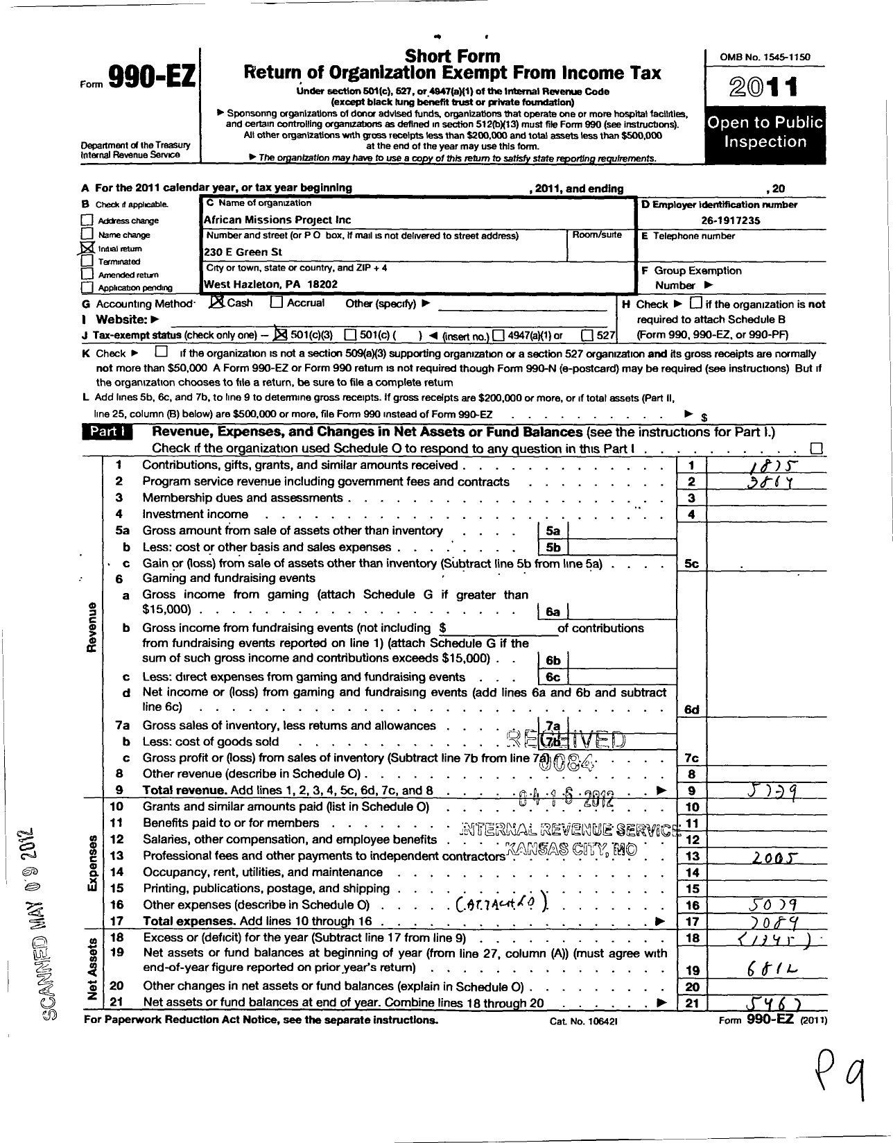 Image of first page of 2011 Form 990EZ for African Missions Project