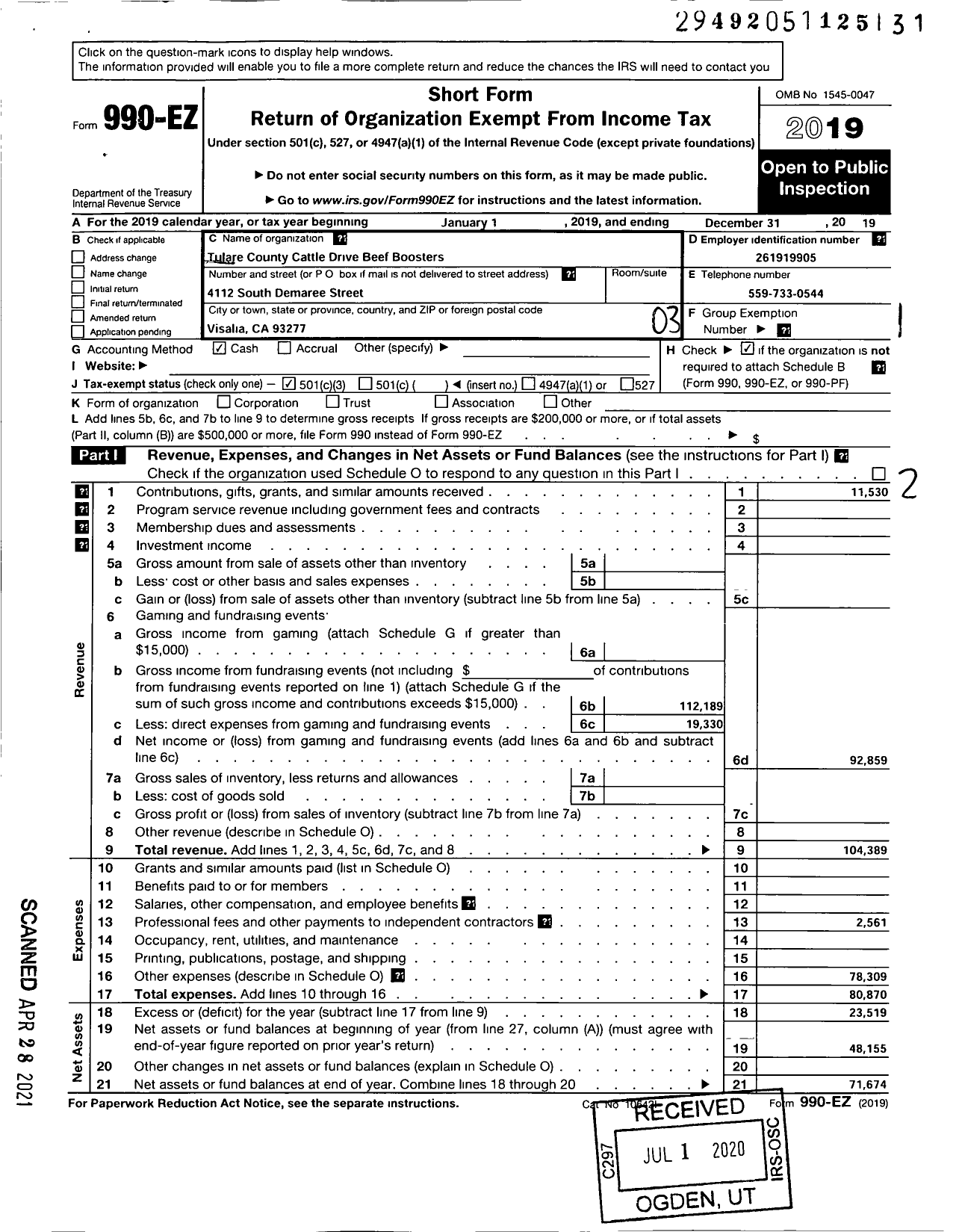 Image of first page of 2019 Form 990EZ for Tulare County Cattle Drive Beef Boosters