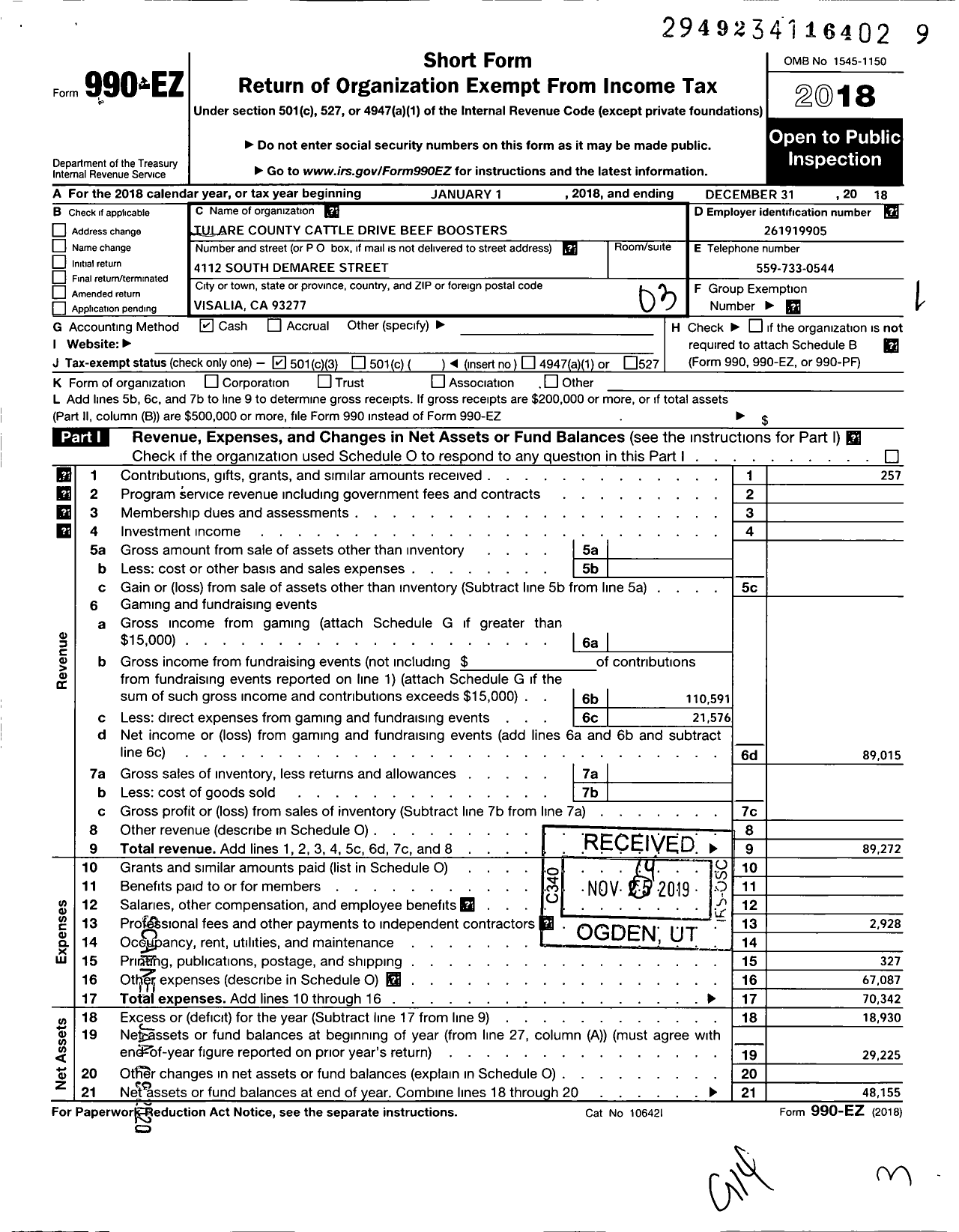 Image of first page of 2018 Form 990EZ for Tulare County Cattle Drive Beef Boosters