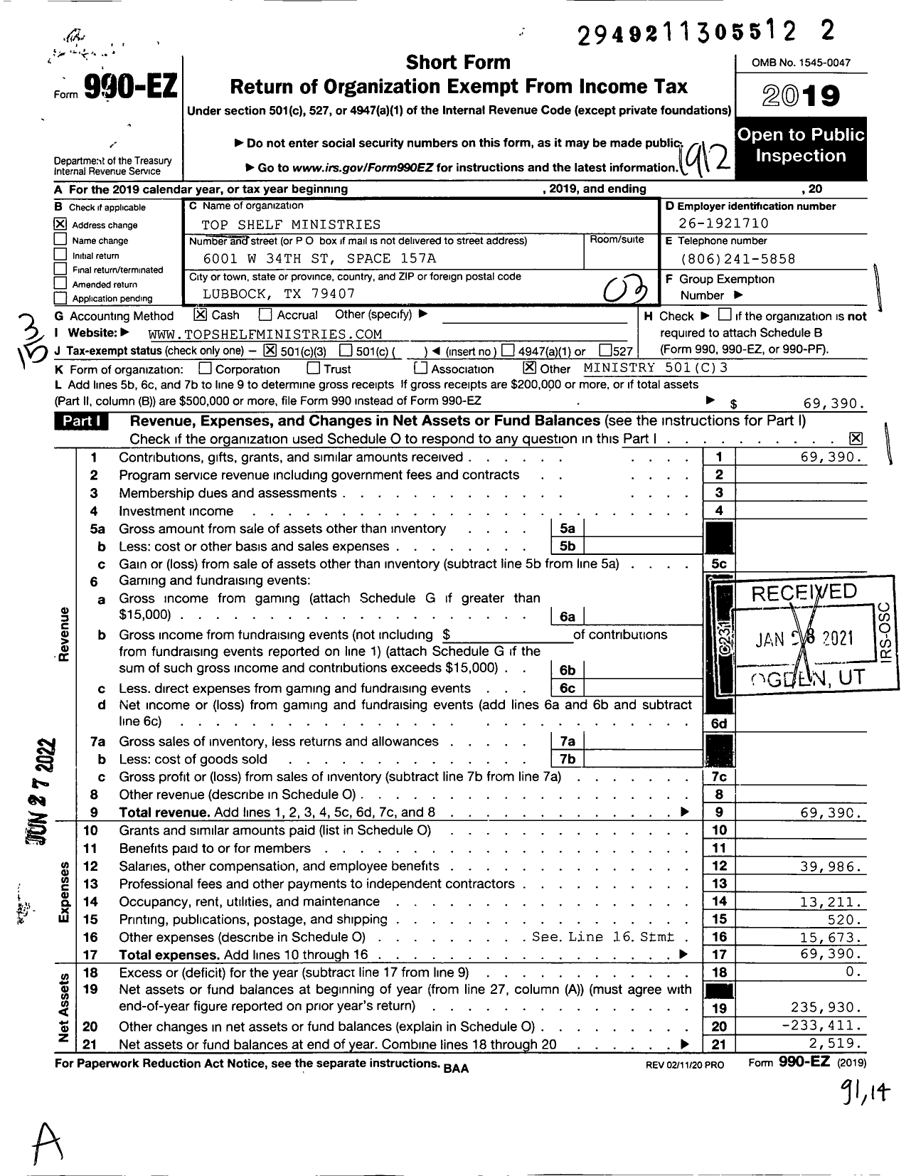 Image of first page of 2019 Form 990EZ for Top Shelf Ministries