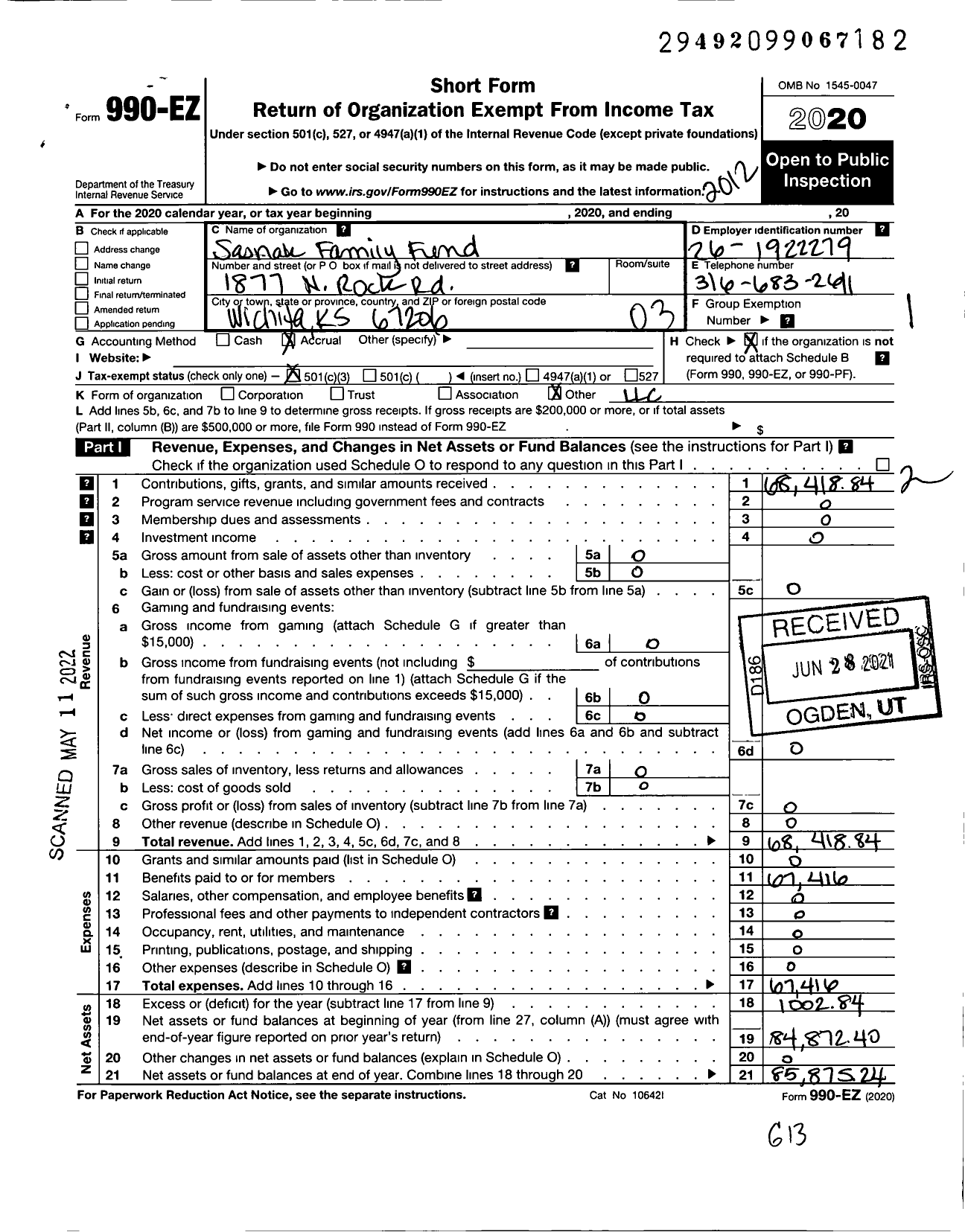 Image of first page of 2020 Form 990EZ for Sasnak Family Fund