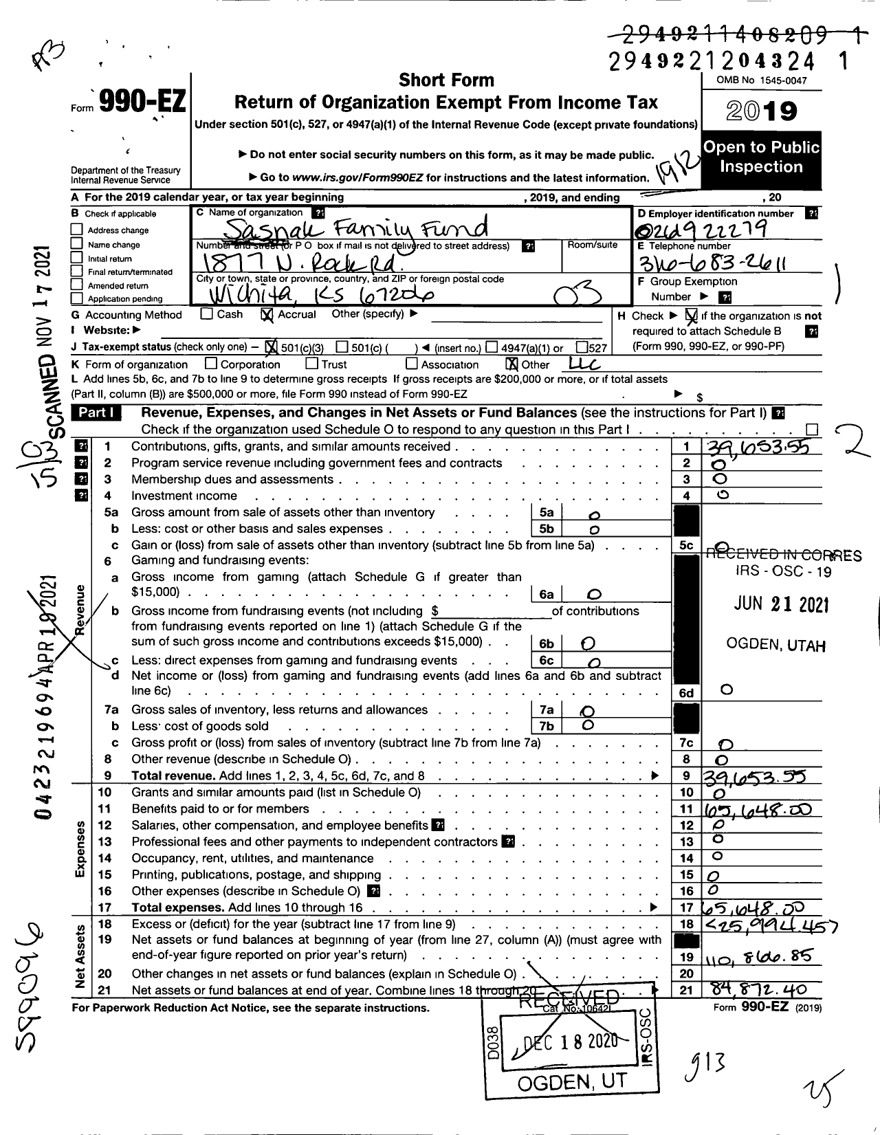 Image of first page of 2019 Form 990EZ for Sasnak Family Fund