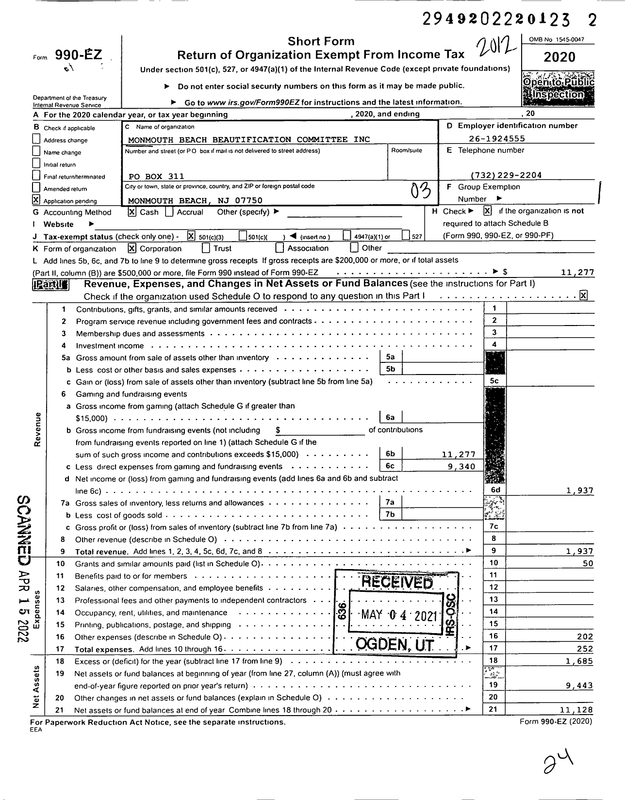 Image of first page of 2020 Form 990EZ for Monmouth Beach Beautification Committee