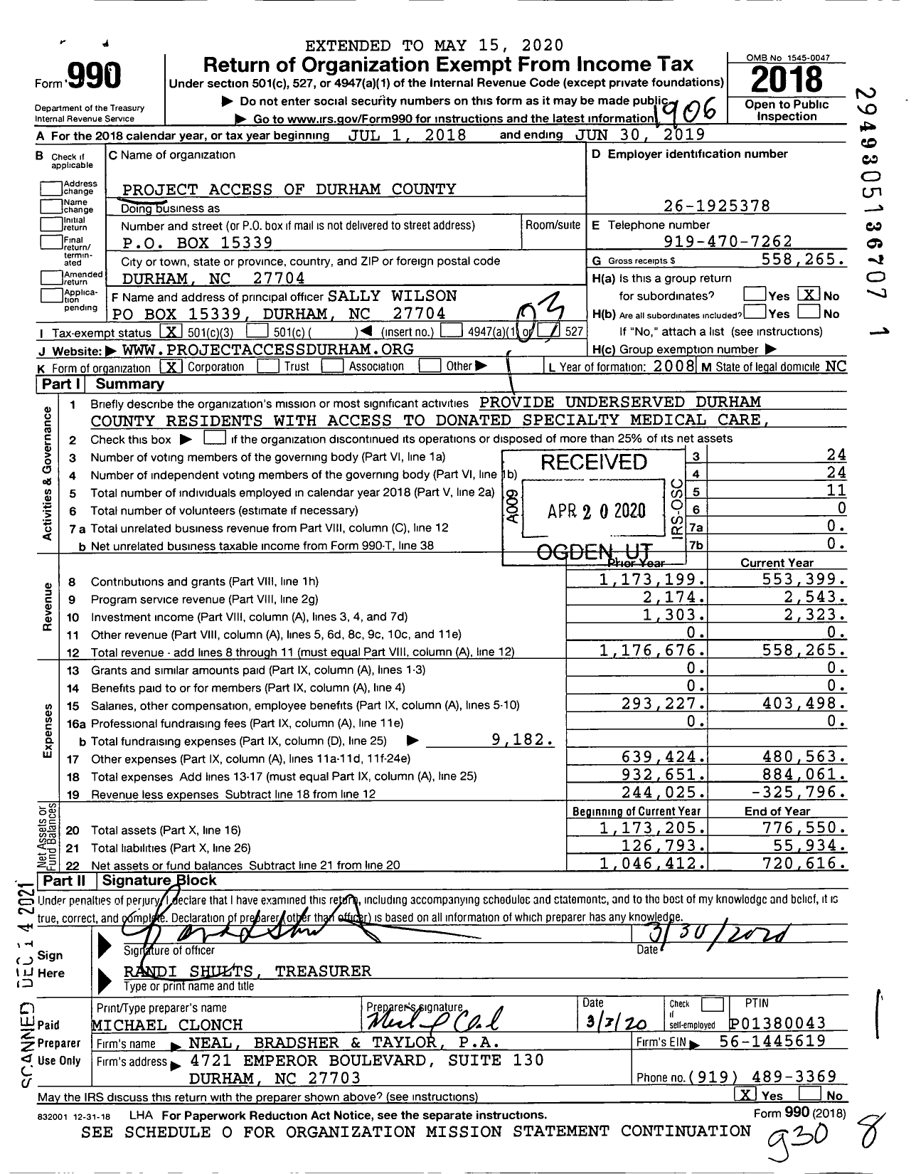 Image of first page of 2018 Form 990 for Project Access of Durham County