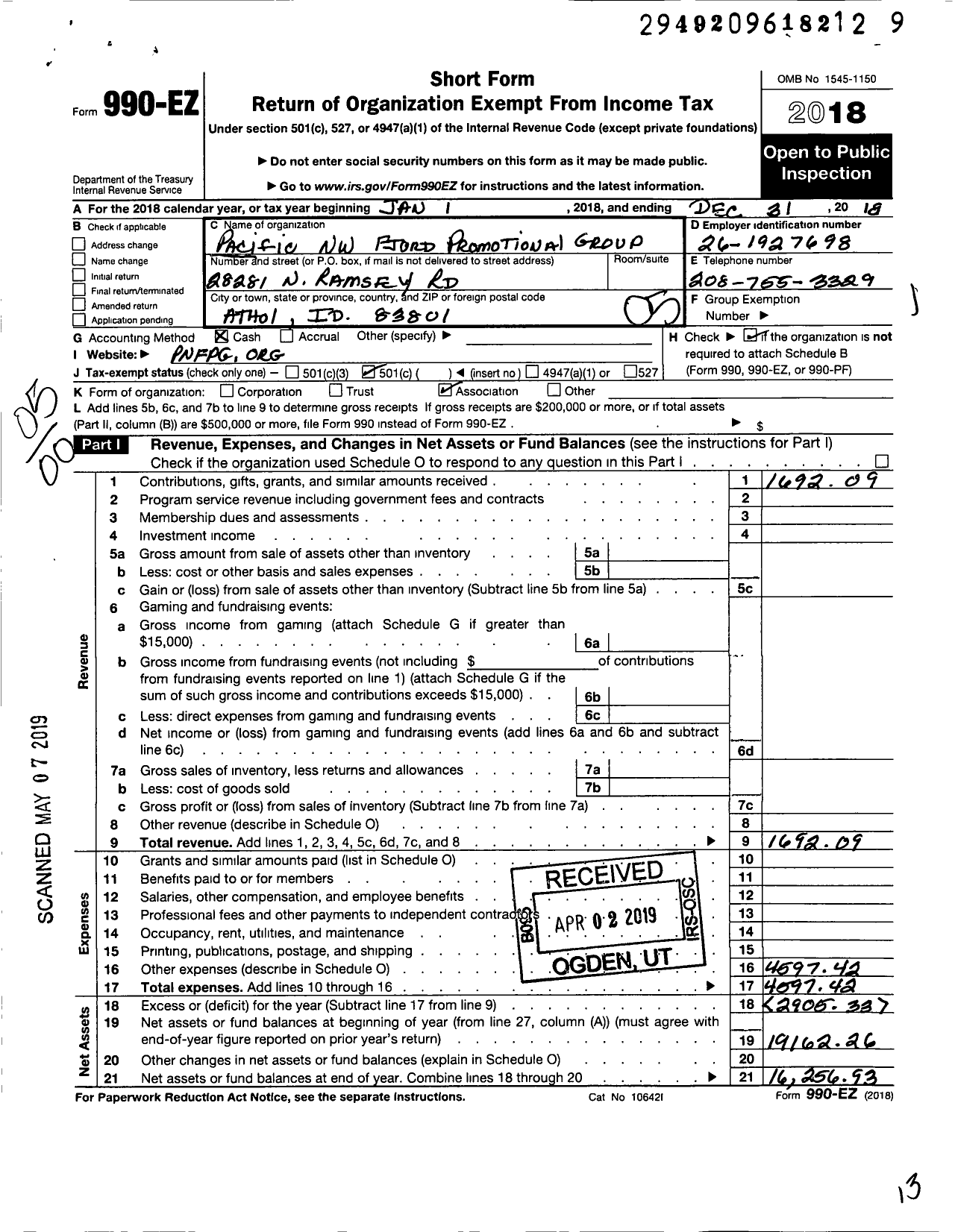 Image of first page of 2018 Form 990EO for Pacific Northwest Fjord Promotional Group