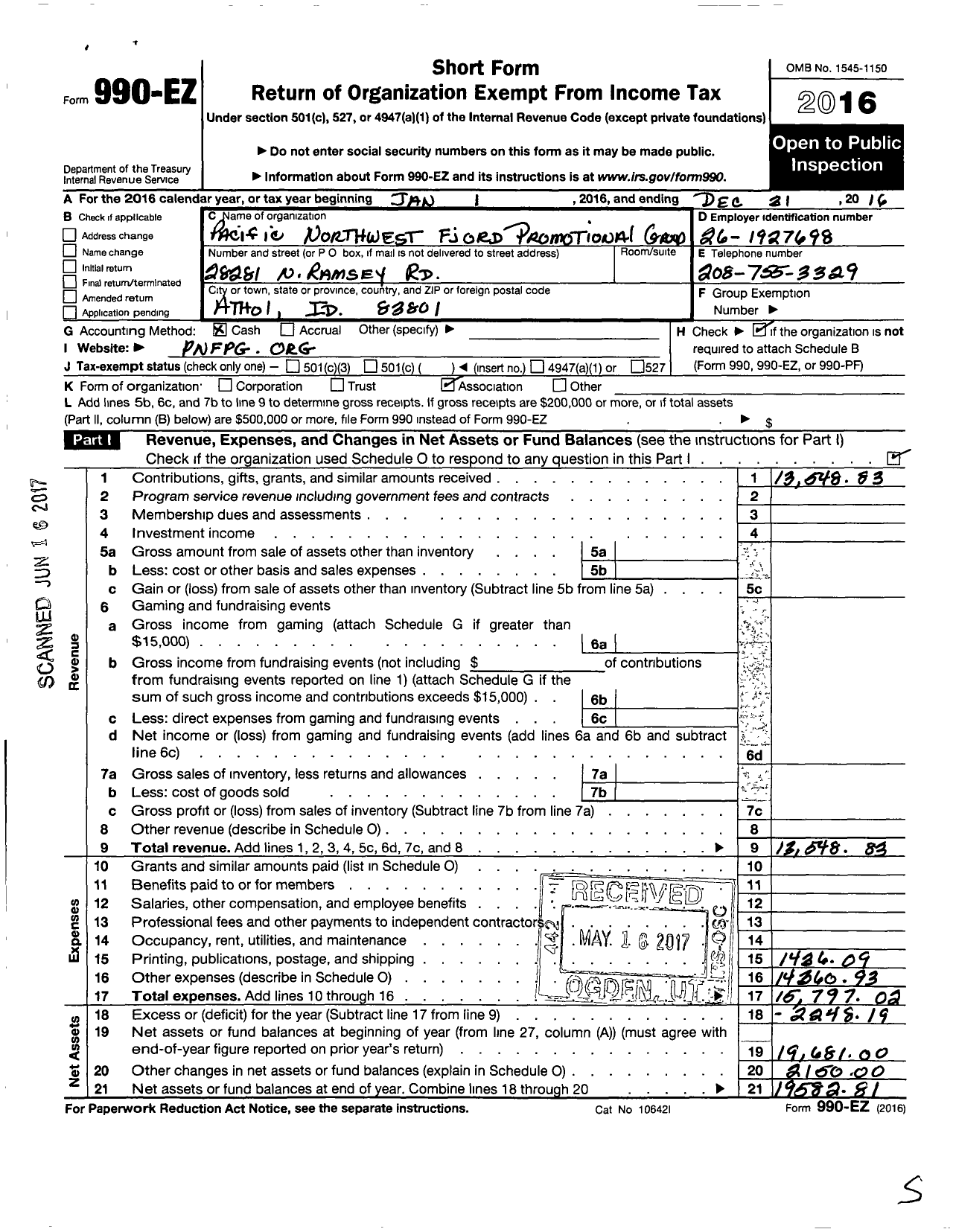 Image of first page of 2016 Form 990EO for Pacific Northwest Fjord Promotional Group