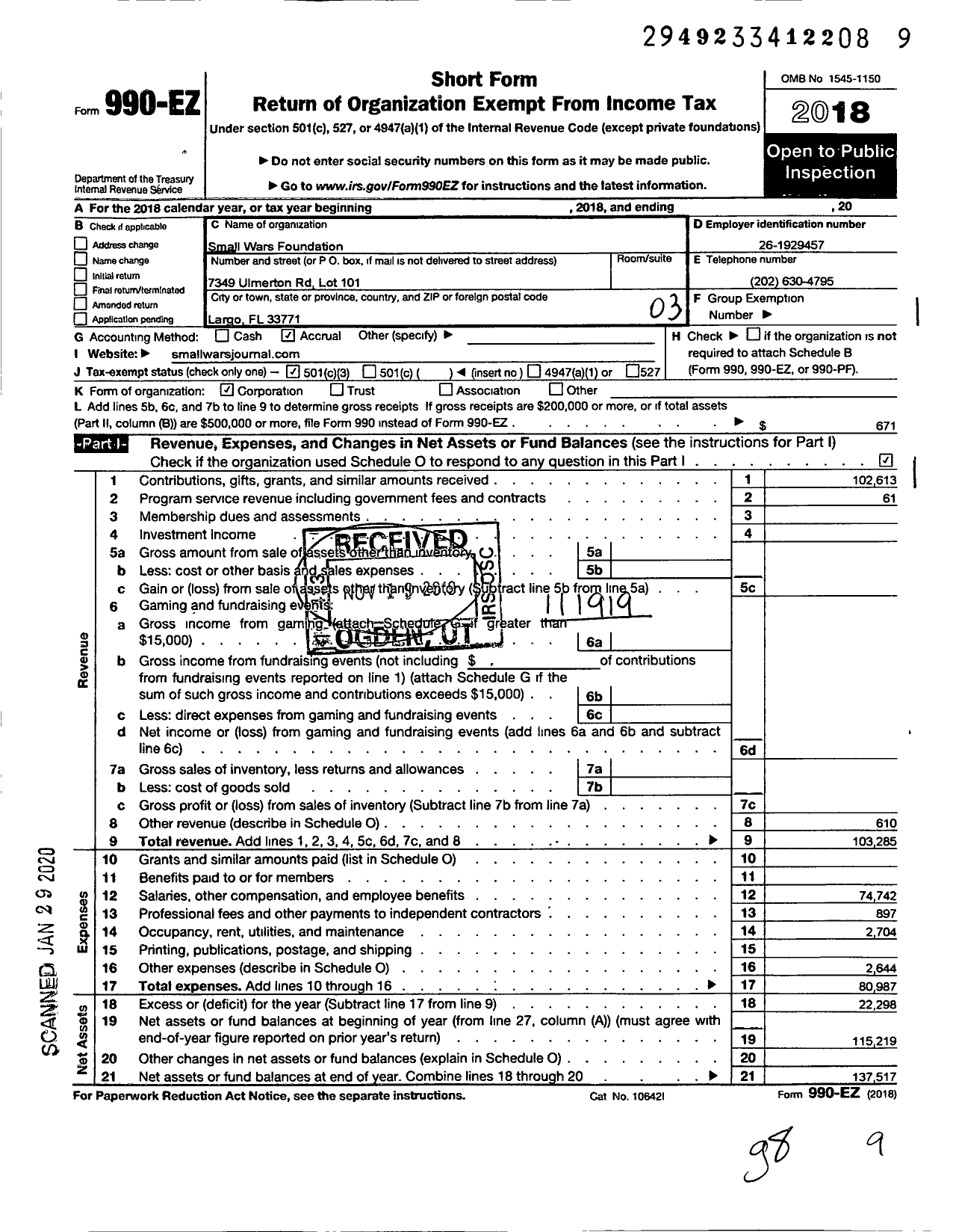 Image of first page of 2018 Form 990EZ for Small Wars Foundation