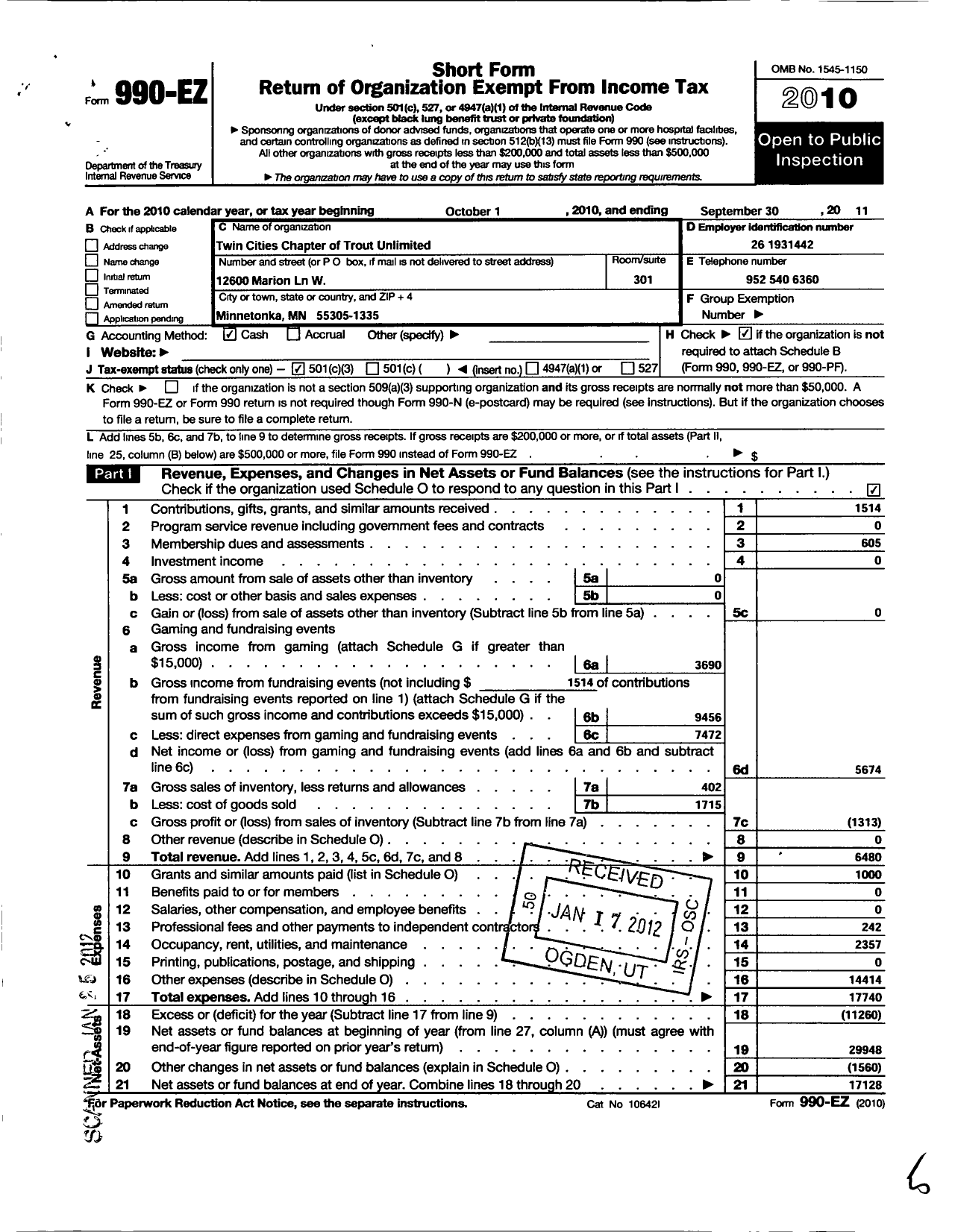 Image of first page of 2010 Form 990EZ for Trout Unlimited - 023 Twin Cities