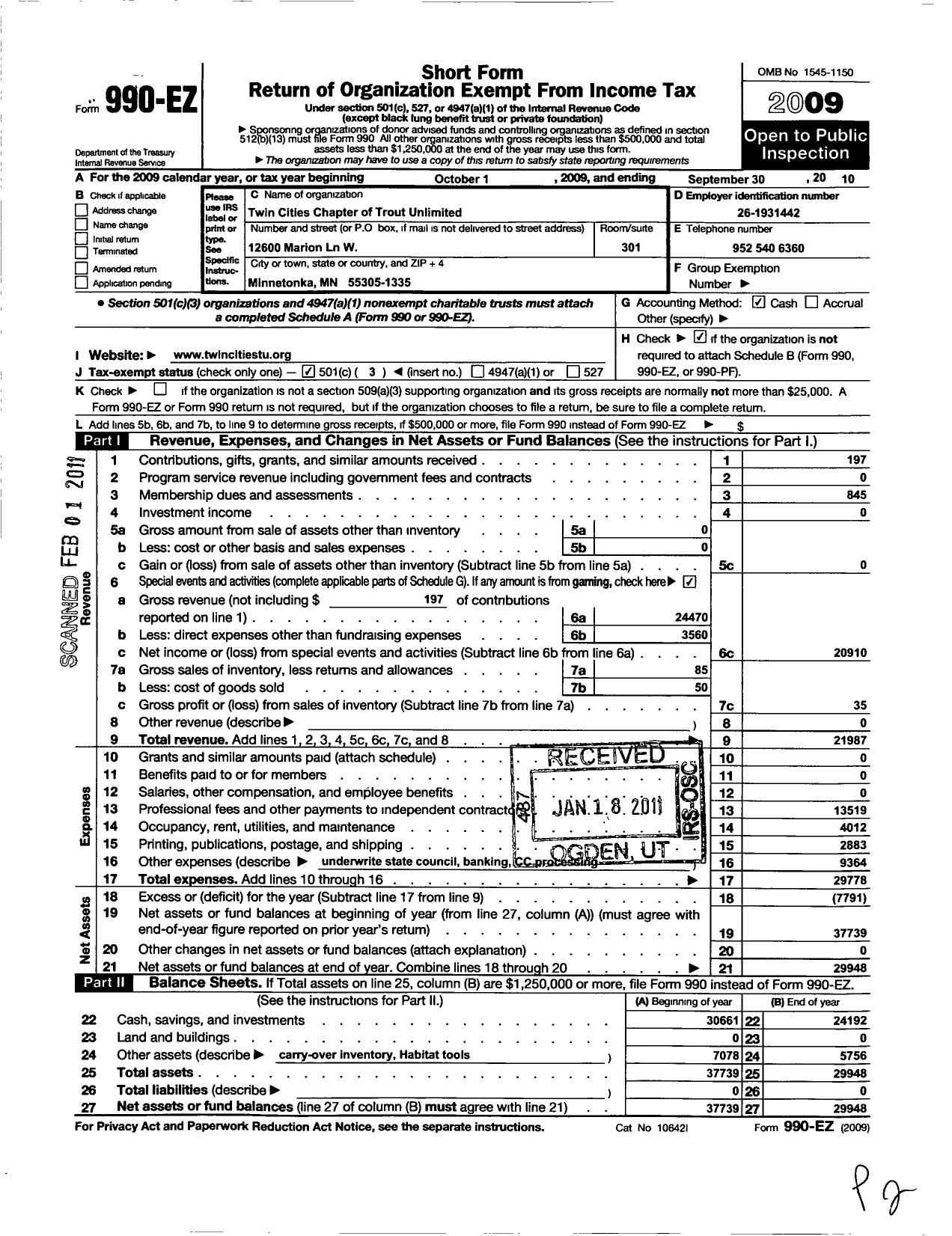 Image of first page of 2009 Form 990EZ for Trout Unlimited - 023 Twin Cities