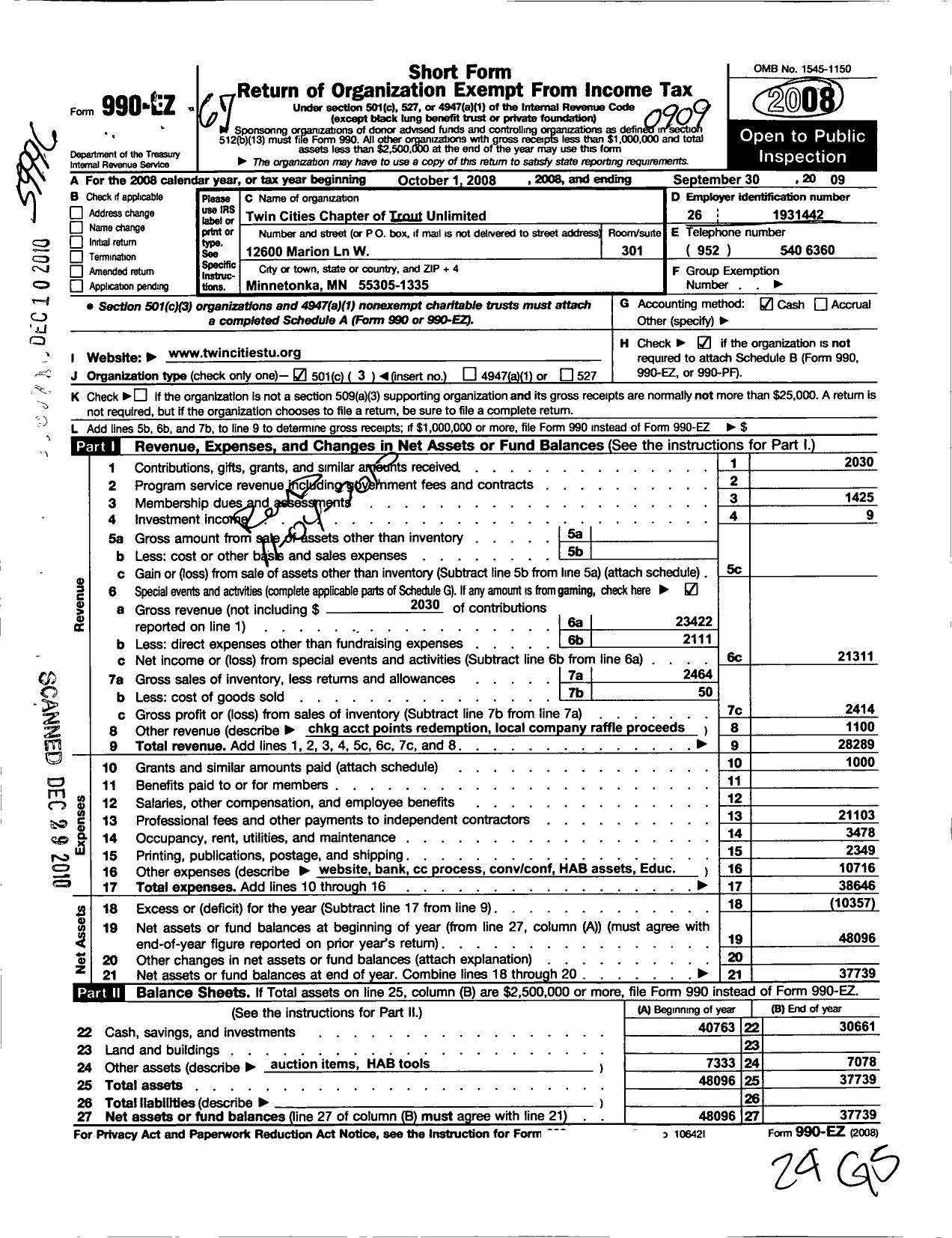 Image of first page of 2008 Form 990EZ for Trout Unlimited - 023 Twin Cities