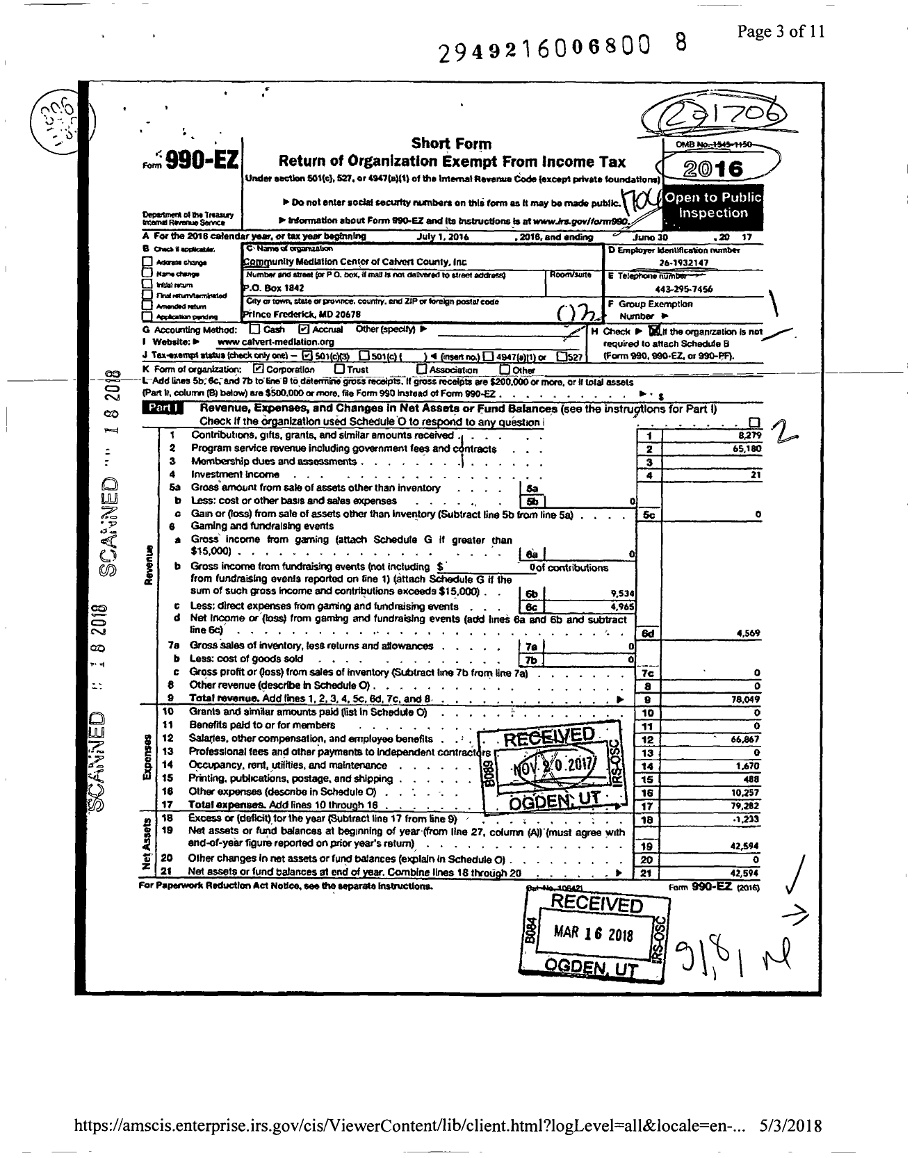 Image of first page of 2016 Form 990EZ for Community Mediation Center of Calvert County Incorporated