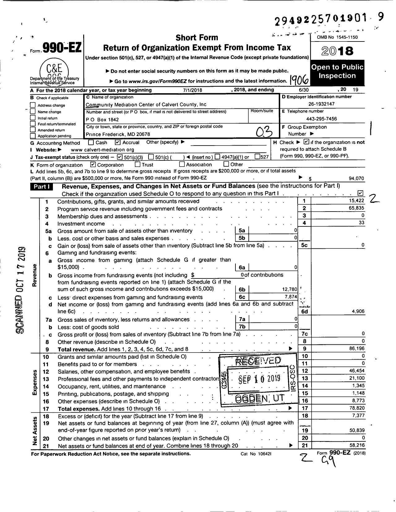 Image of first page of 2018 Form 990EZ for Community Mediation Center of Calvert County Incorporated