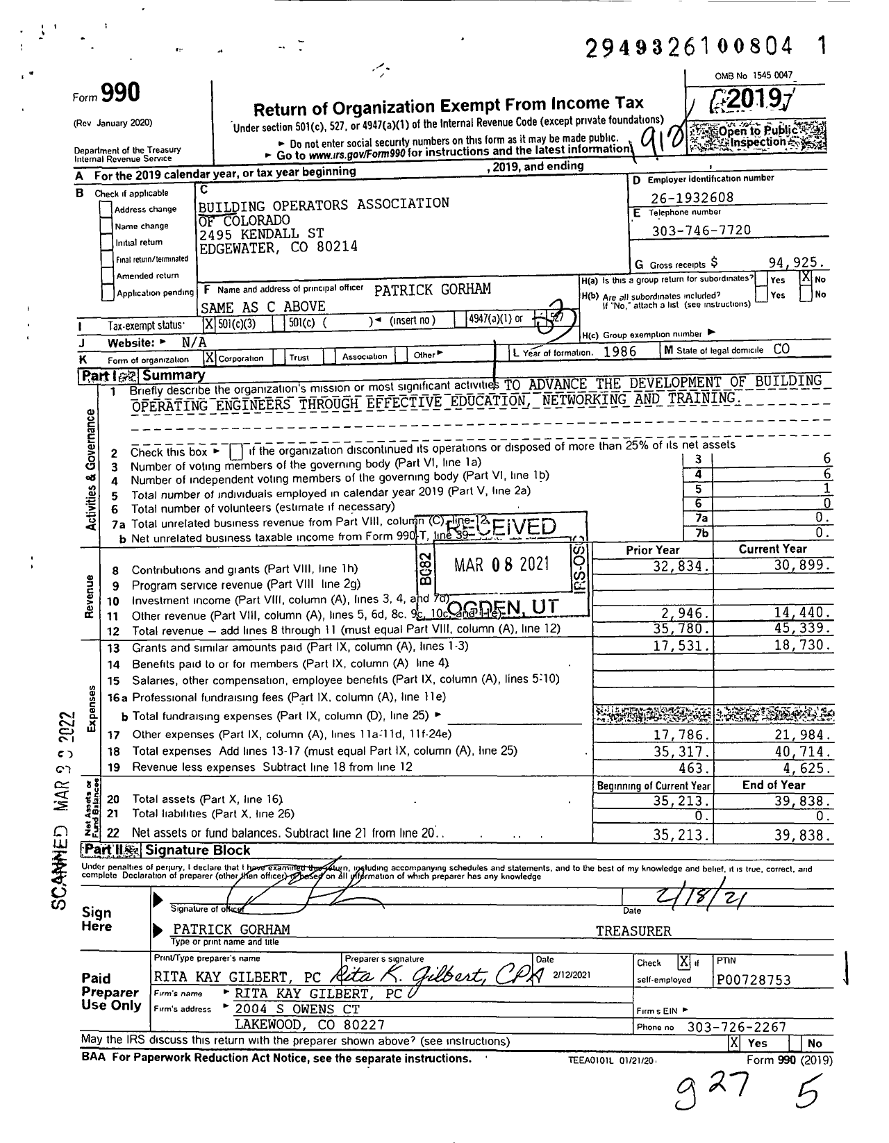 Image of first page of 2019 Form 990 for Building Operators Association of Colorado